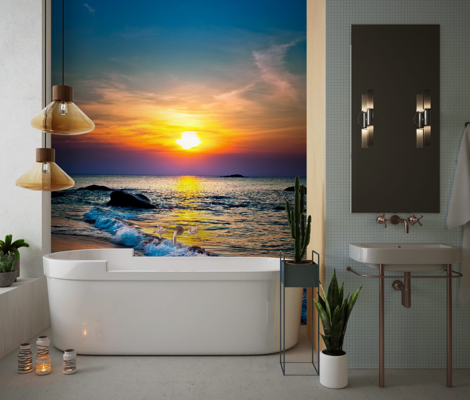 Фотошпалери сонце зникає за горизонтом над морем і узбережжям