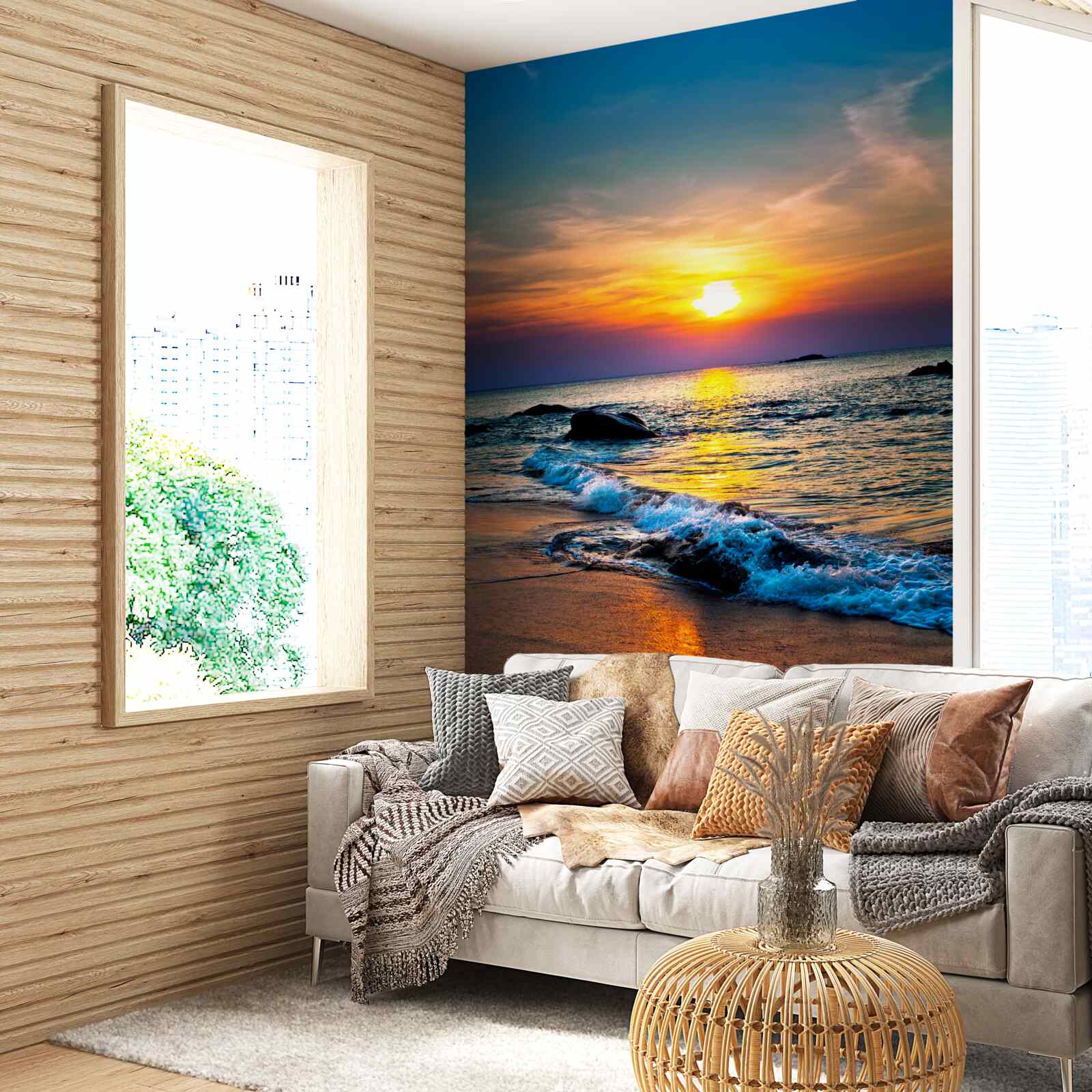 Фотошпалери сонце зникає за горизонтом над морем і узбережжям