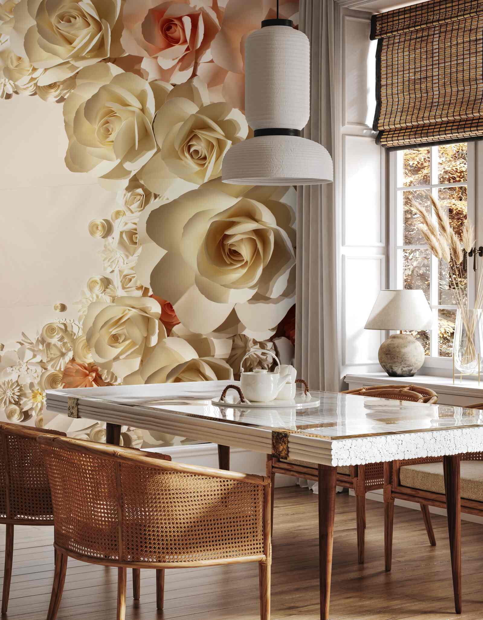 Фотошпалери білі та рожеві гіпсові квіти