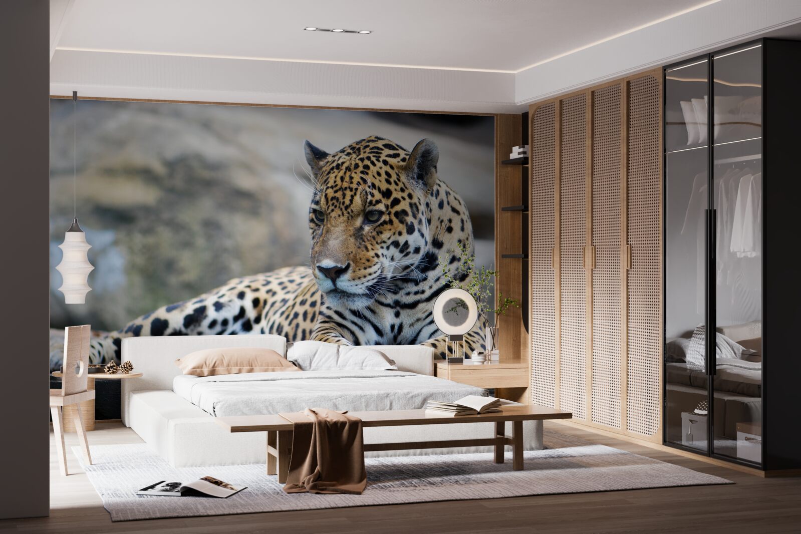 Фотошпалери леопард відпочиває на дерев'яних поверхнях