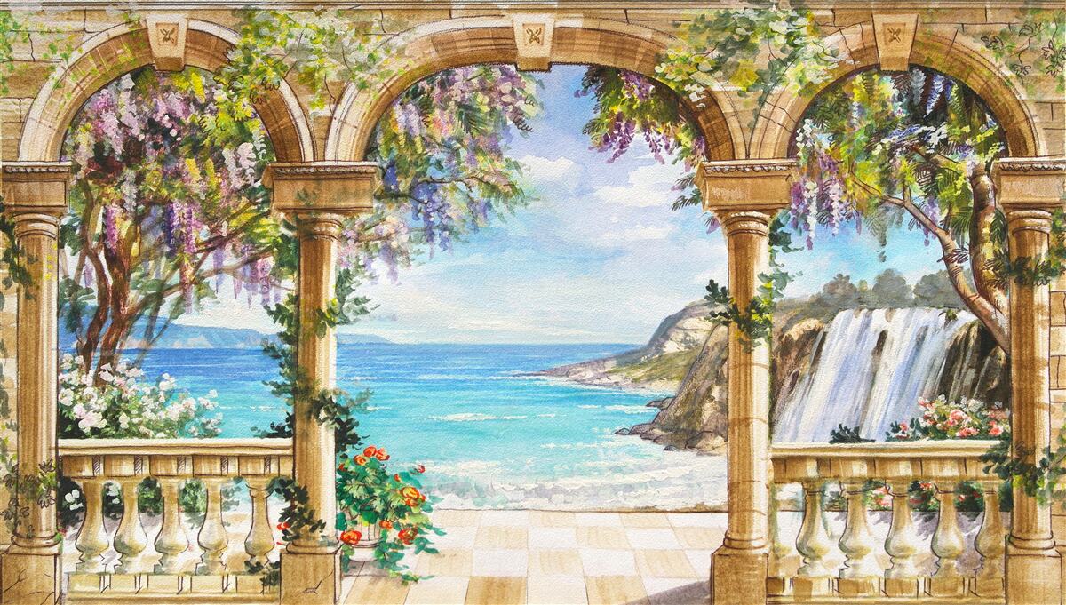 Фотошпалери кам'яне склепіння, що веде до водоспаду та водної поверхні