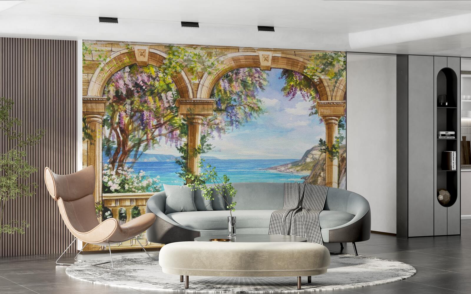 Фотошпалери кам'яне склепіння, що веде до водоспаду та водної поверхні