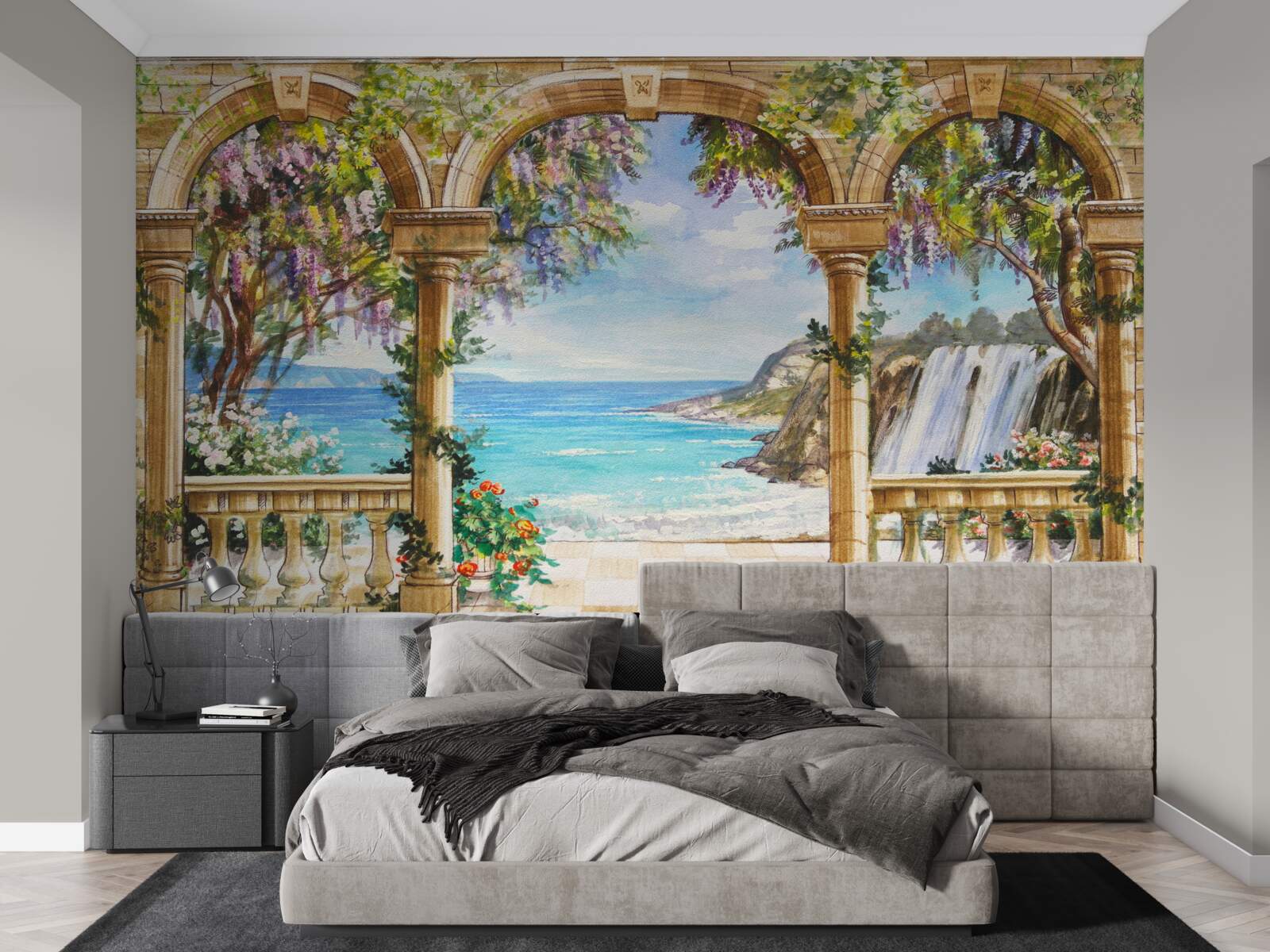 Фотошпалери кам'яне склепіння, що веде до водоспаду та водної поверхні