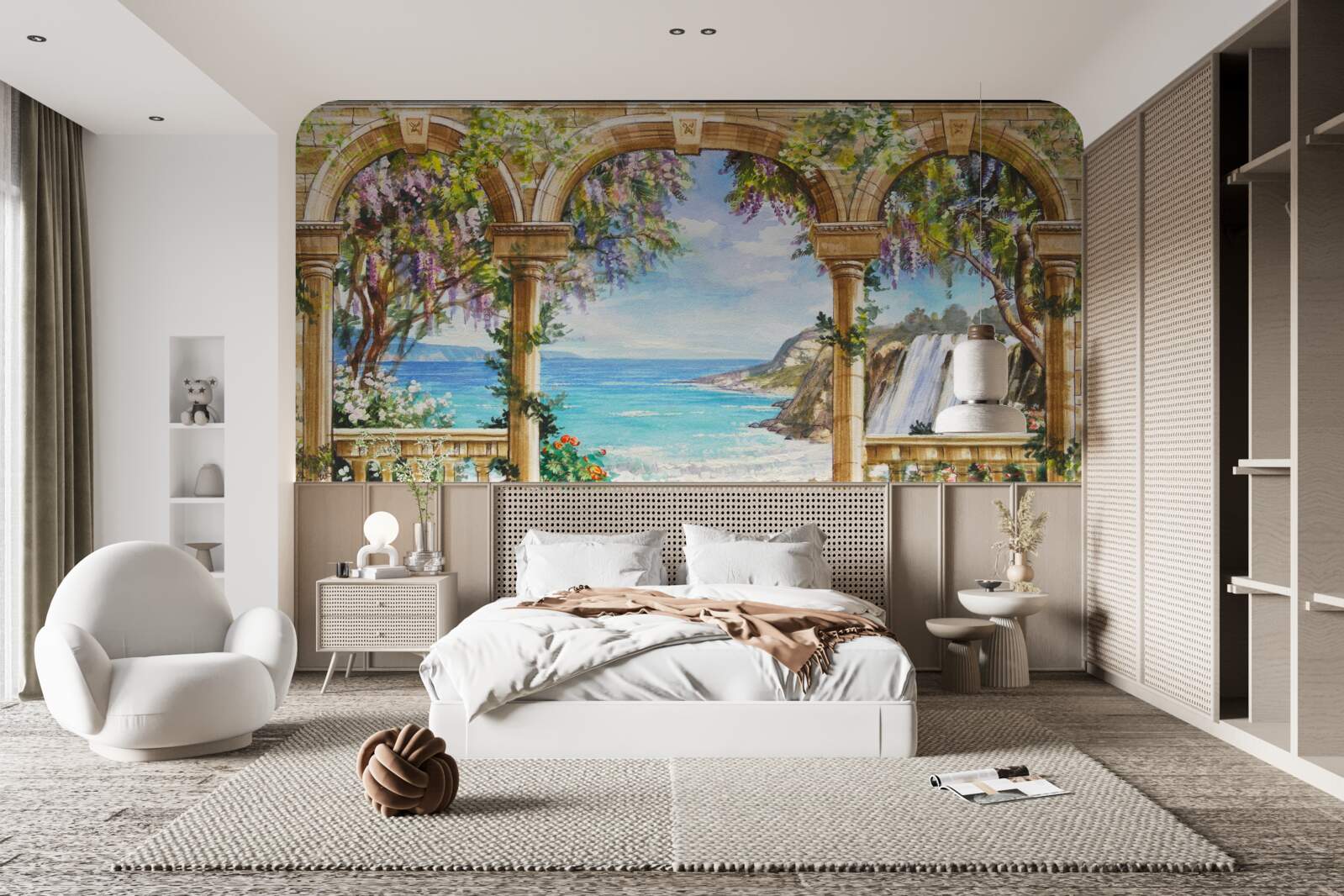 Фотошпалери кам'яне склепіння, що веде до водоспаду та водної поверхні