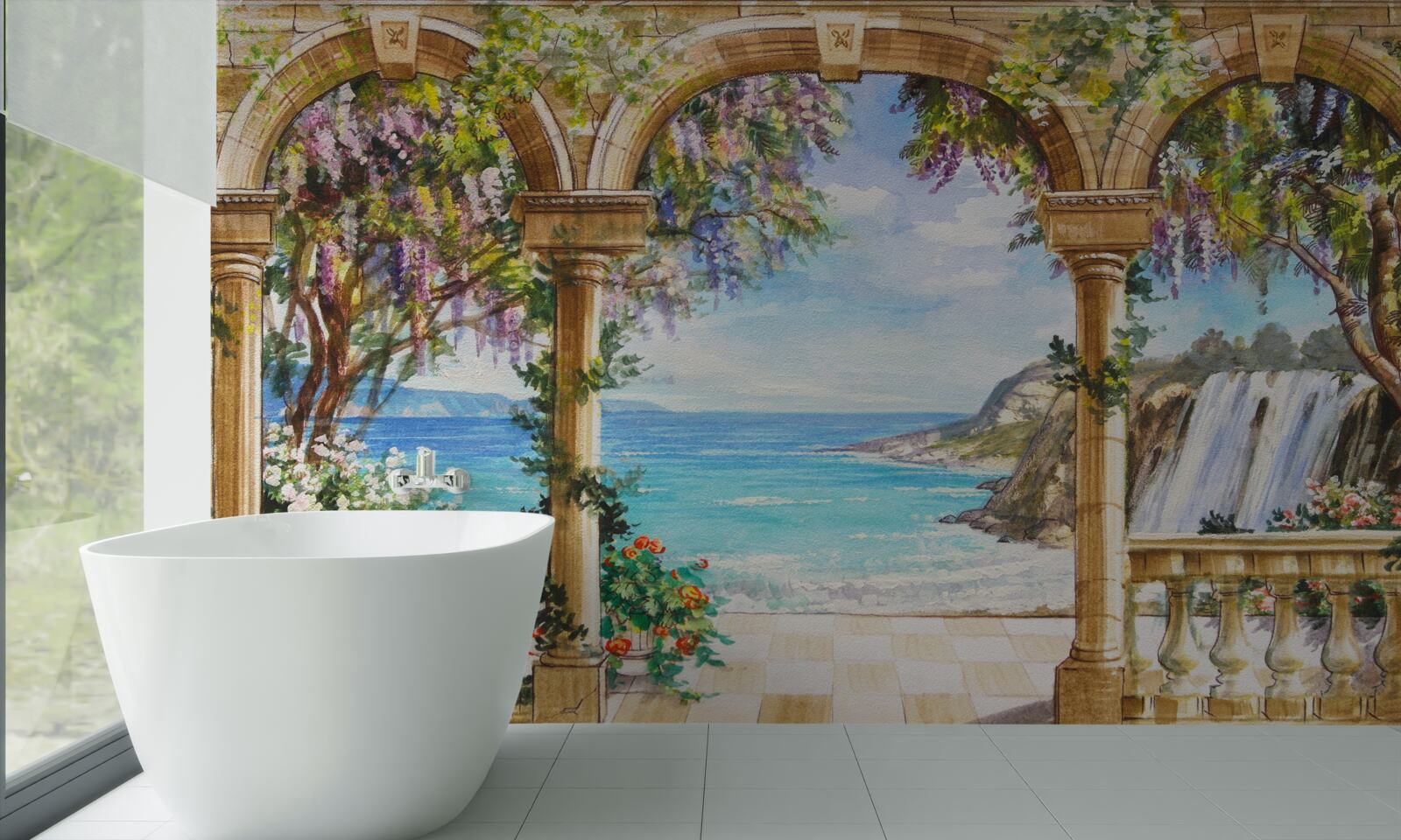 Фотошпалери кам'яне склепіння, що веде до водоспаду та водної поверхні