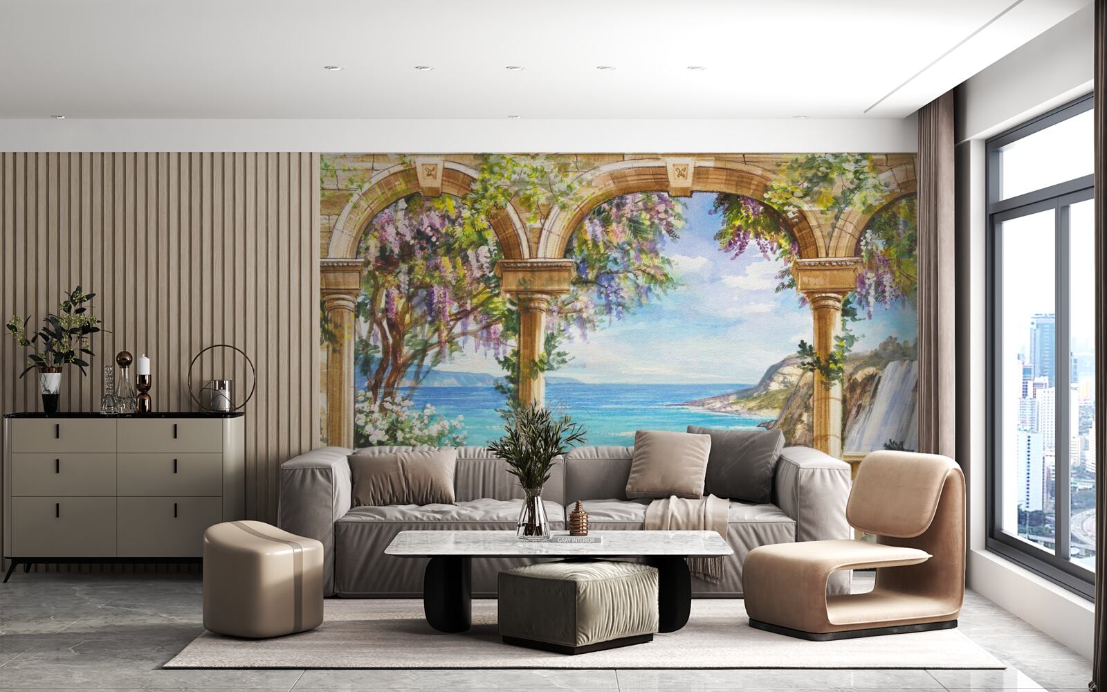 Фотошпалери кам'яне склепіння, що веде до водоспаду та водної поверхні