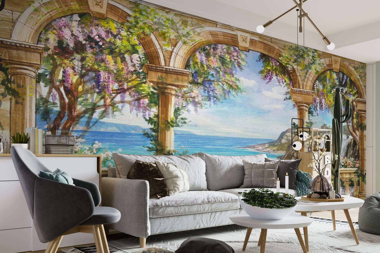 Фотошпалери кам'яне склепіння, що веде до водоспаду та водної поверхні