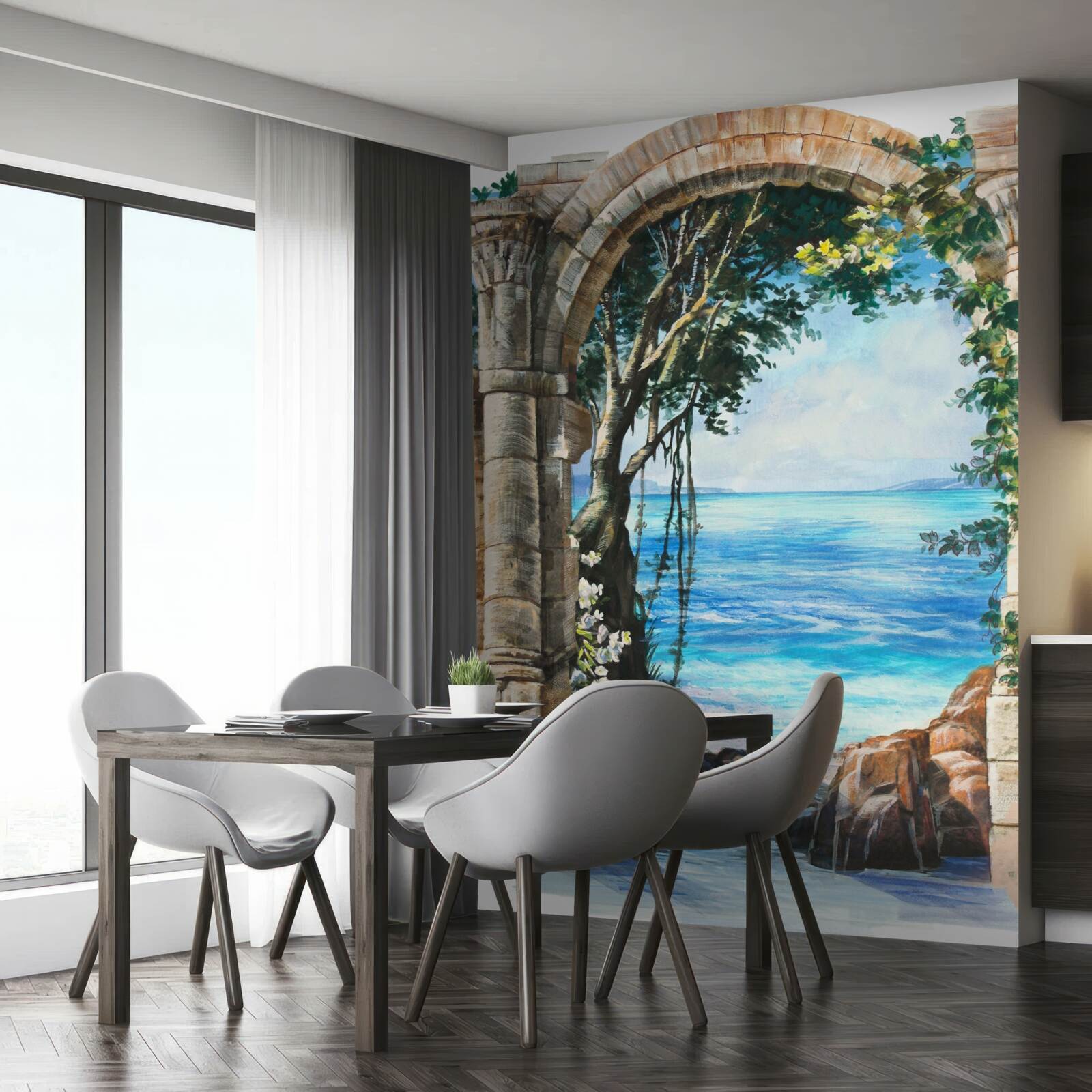 Фотошпалери кругла кам'яна арка з видом на море