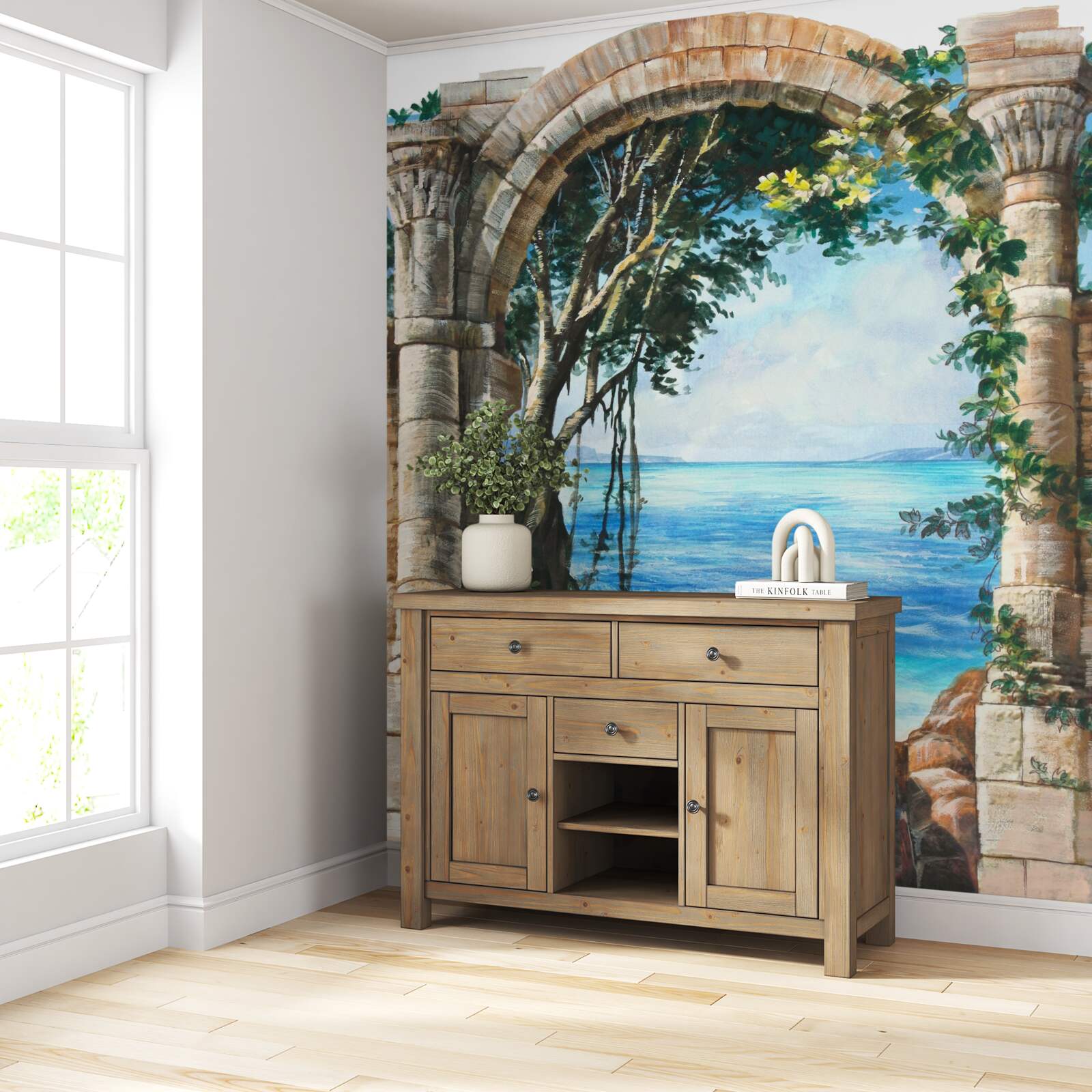 Фотошпалери кругла кам'яна арка з видом на море