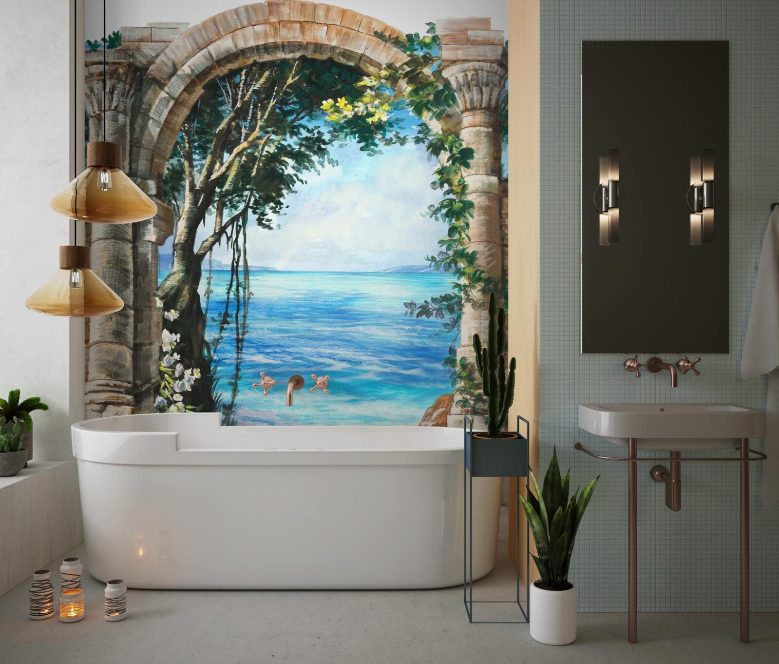 Фотошпалери кругла кам'яна арка з видом на море