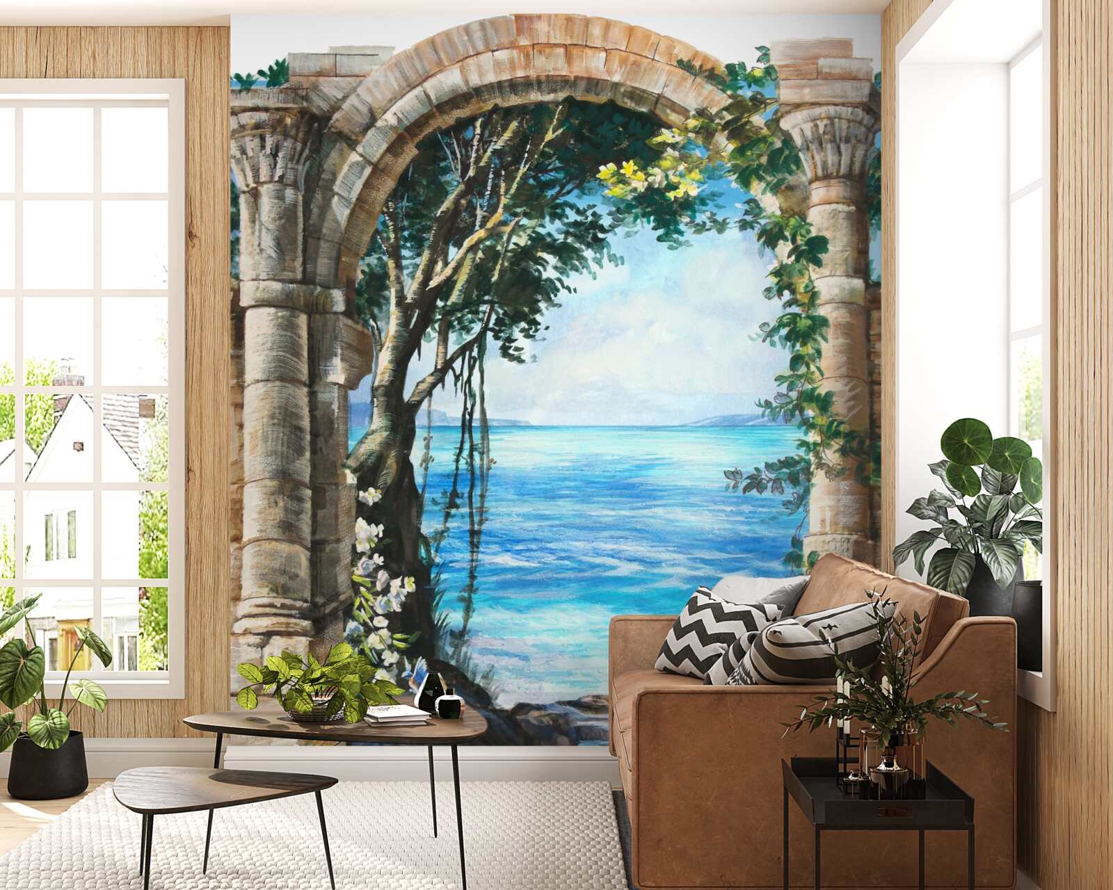 Фотошпалери кругла кам'яна арка з видом на море