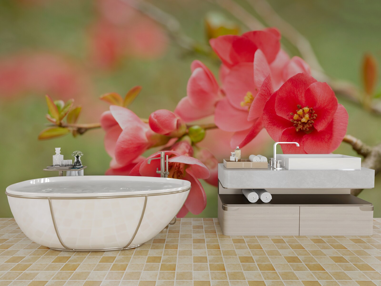 Фотошпалери червоні квіти на дереві