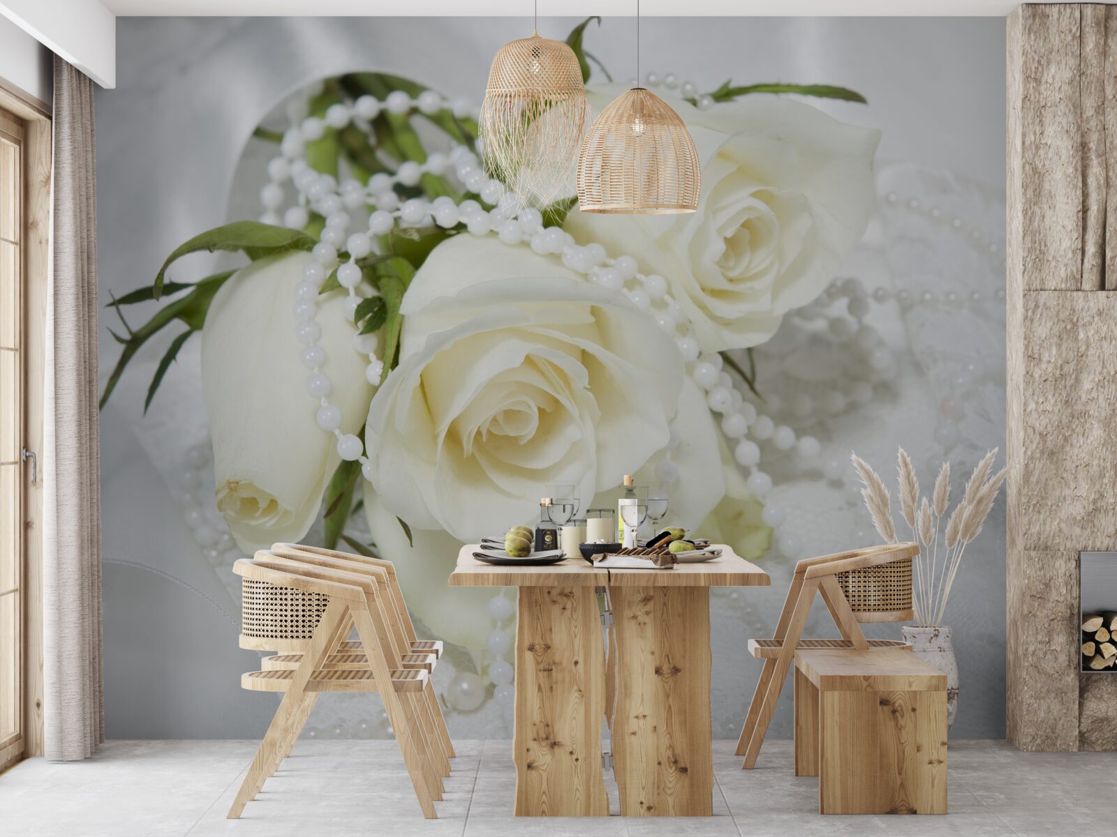 Фотошпалери композиція з білих троянд з перловими намистинами