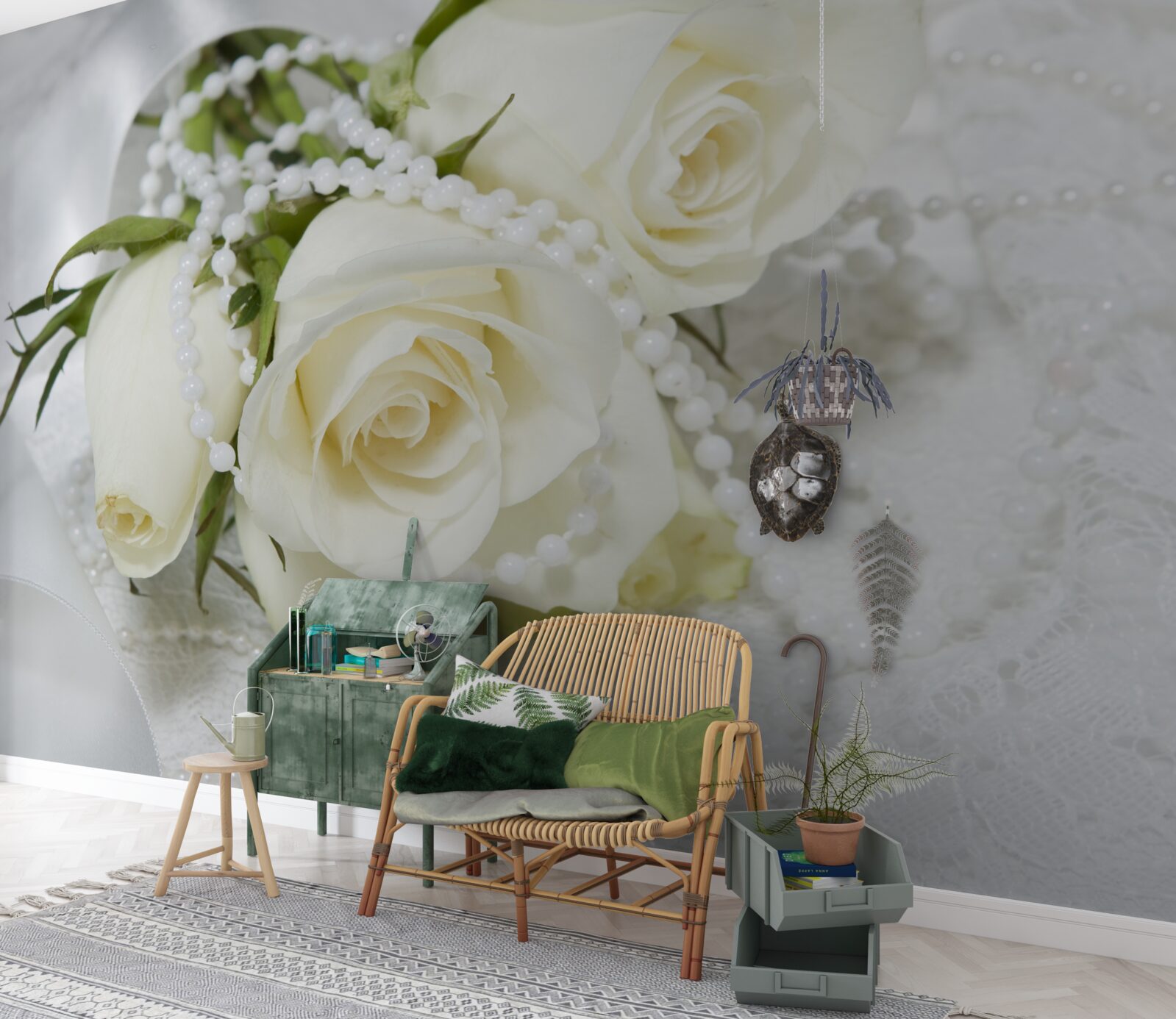 Фотошпалери композиція з білих троянд з перловими намистинами