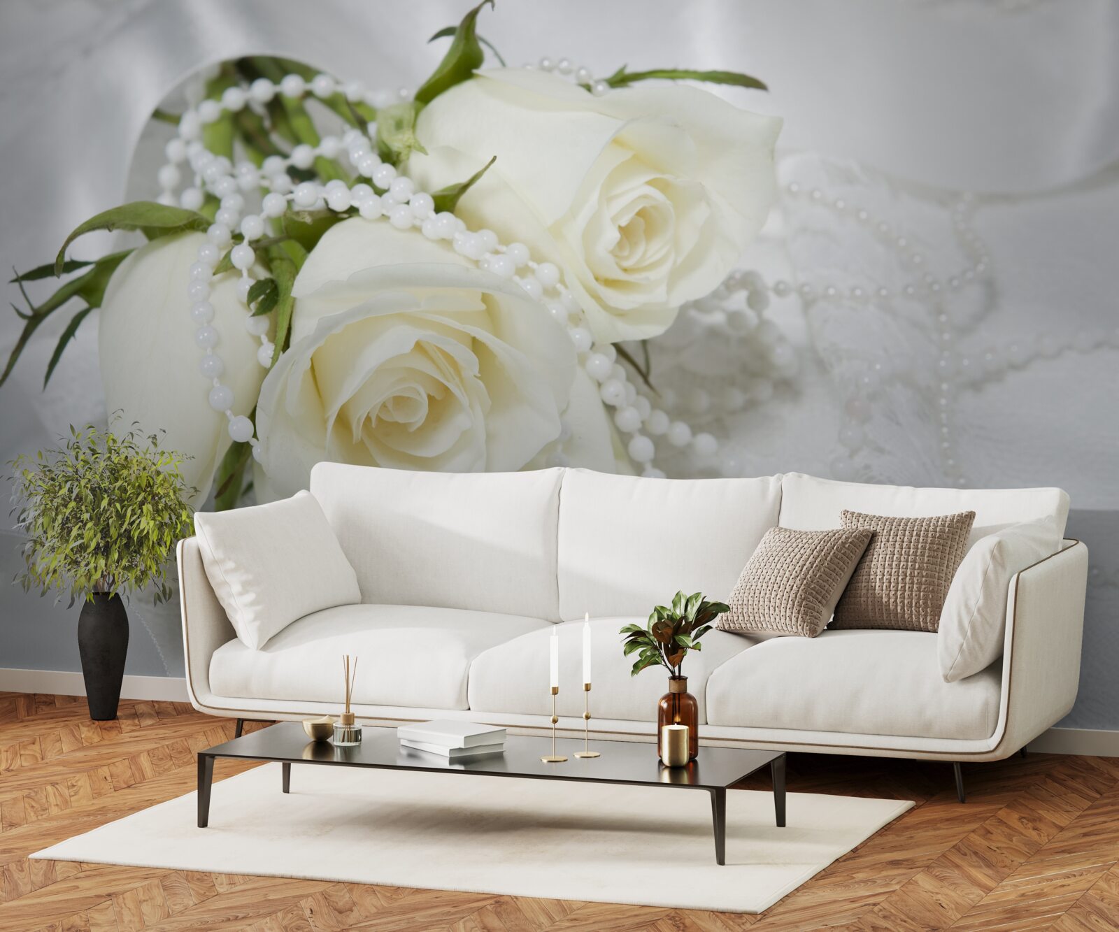 Фотошпалери композиція з білих троянд з перловими намистинами