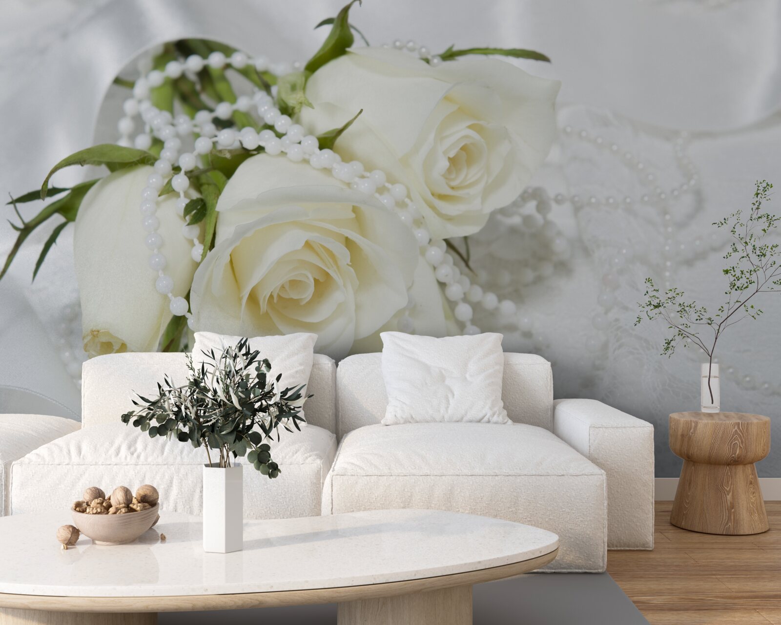 Фотошпалери композиція з білих троянд з перловими намистинами