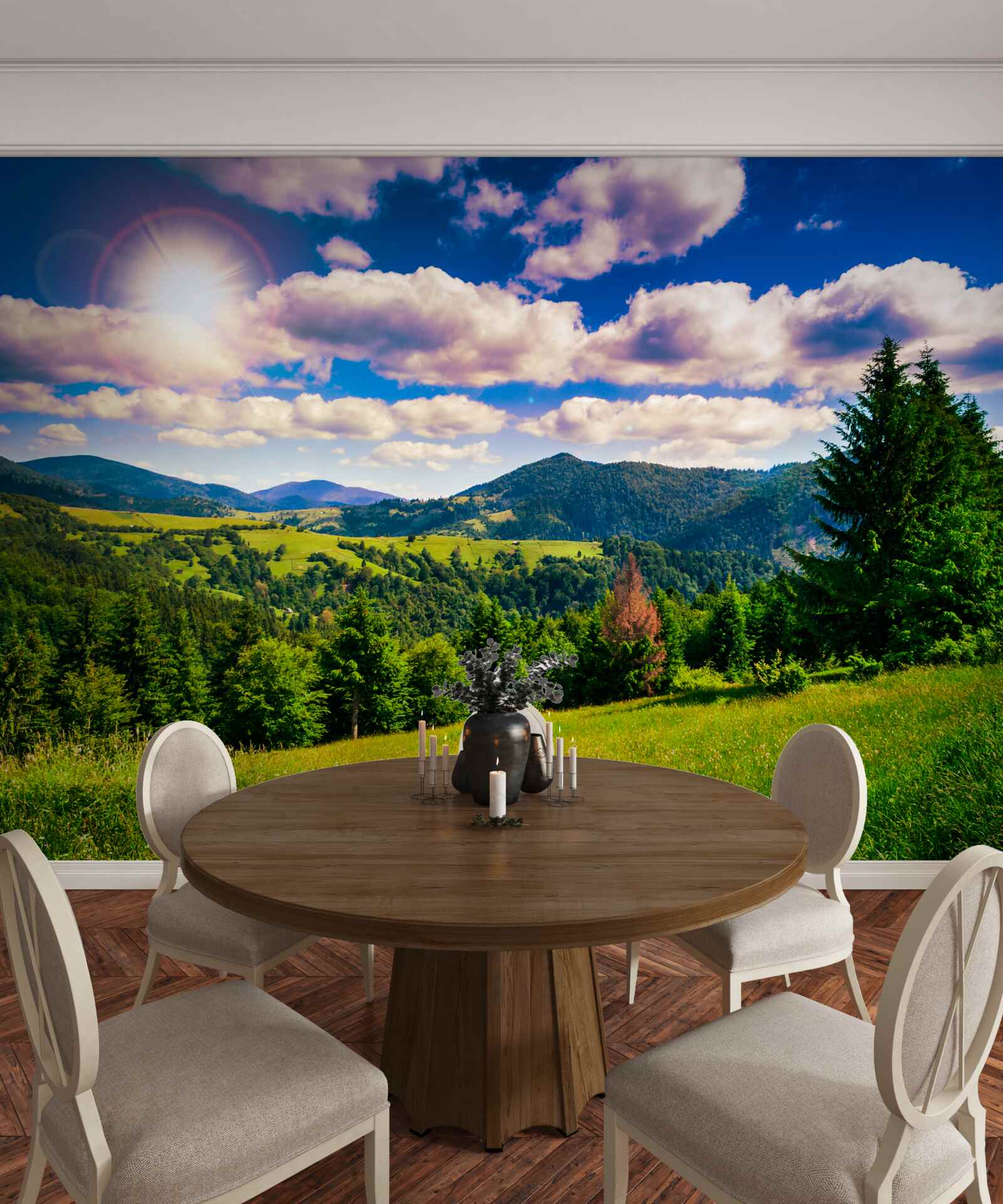 Фотошпалери в ясний день зелені вершини лугів