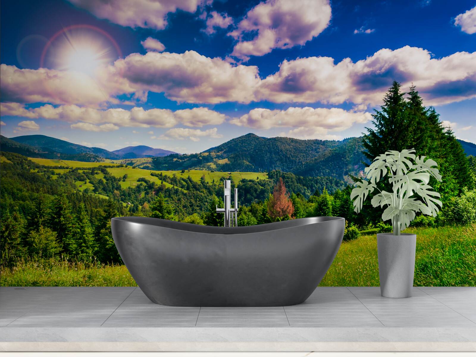 Фотошпалери в ясний день зелені вершини лугів