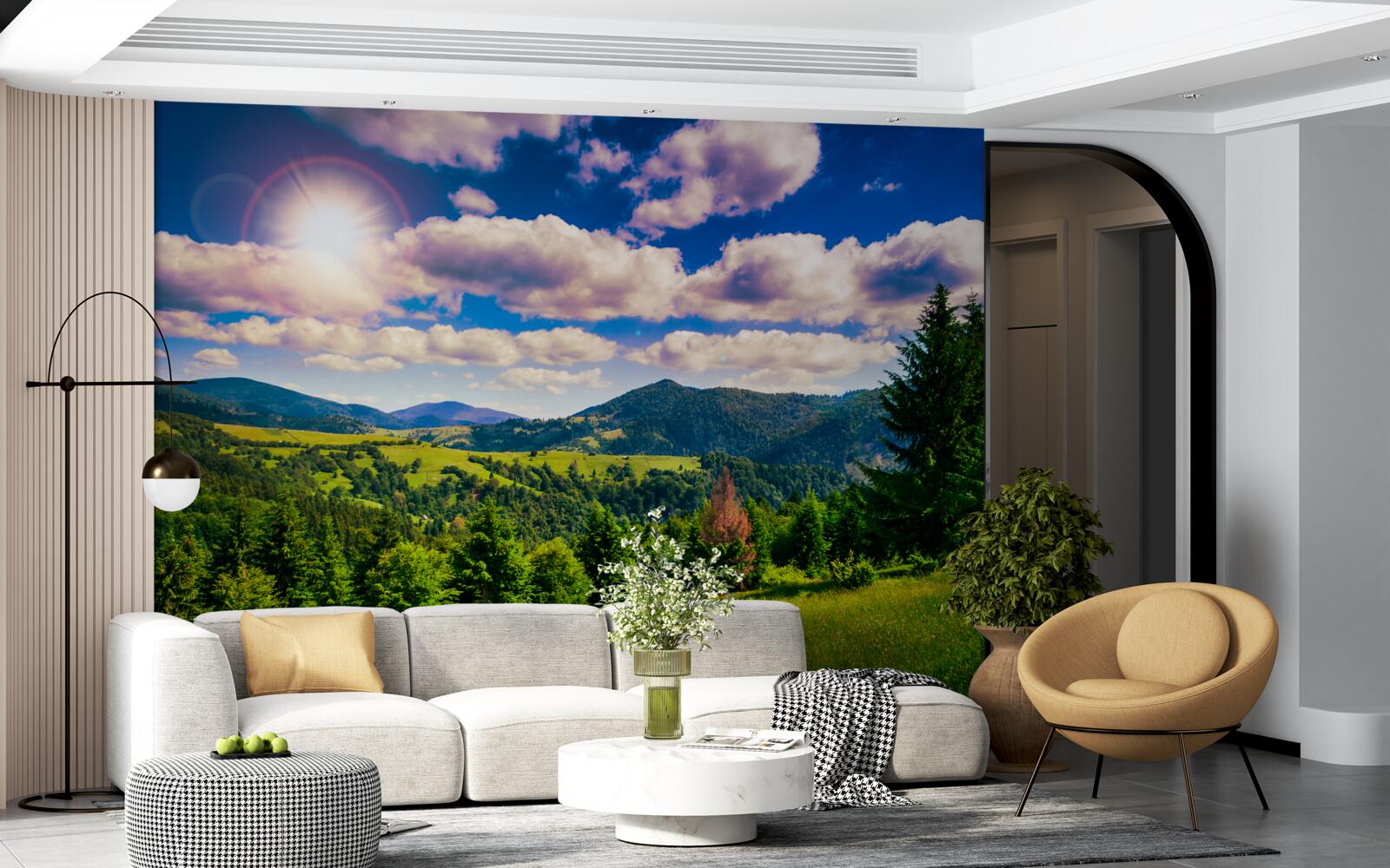 Фотошпалери в ясний день зелені вершини лугів