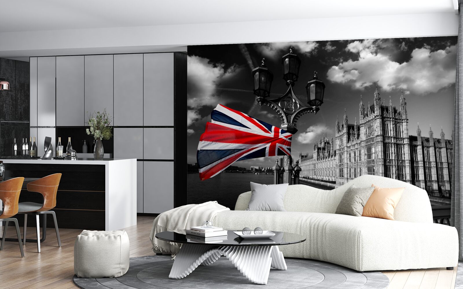 Фотошпалери силует міста на тлі англійського прапора