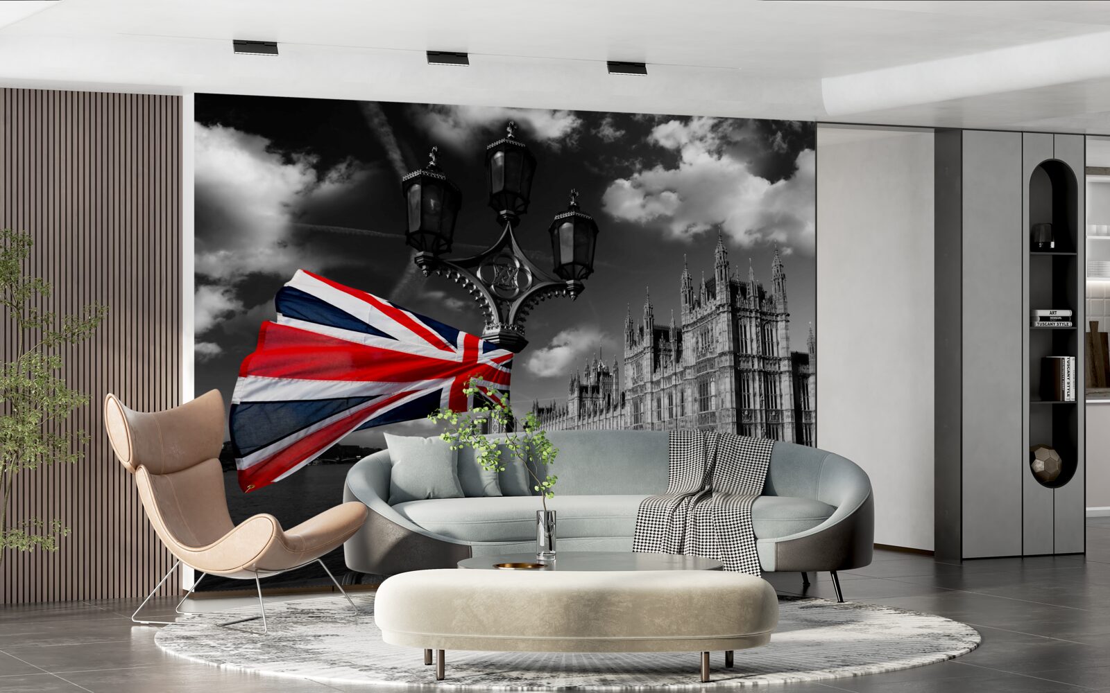 Фотошпалери силует міста на тлі англійського прапора