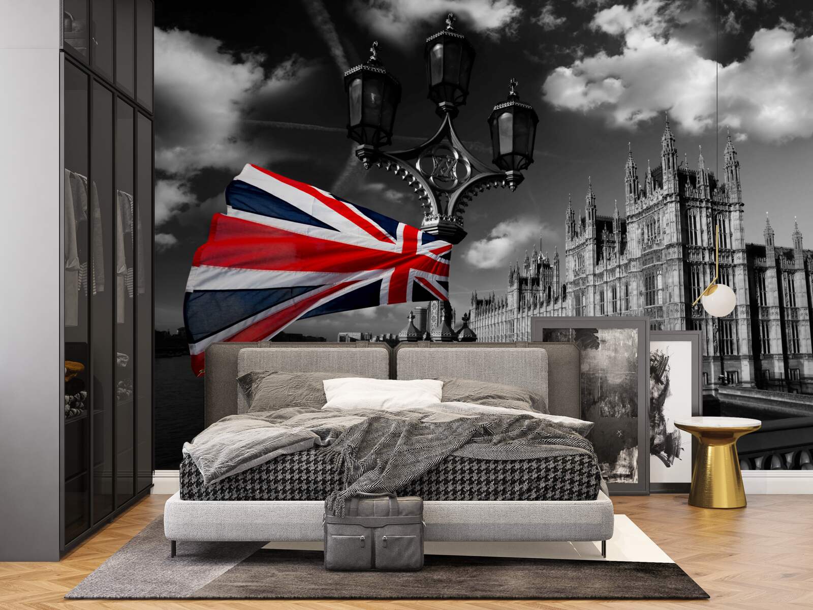 Фотошпалери силует міста на тлі англійського прапора