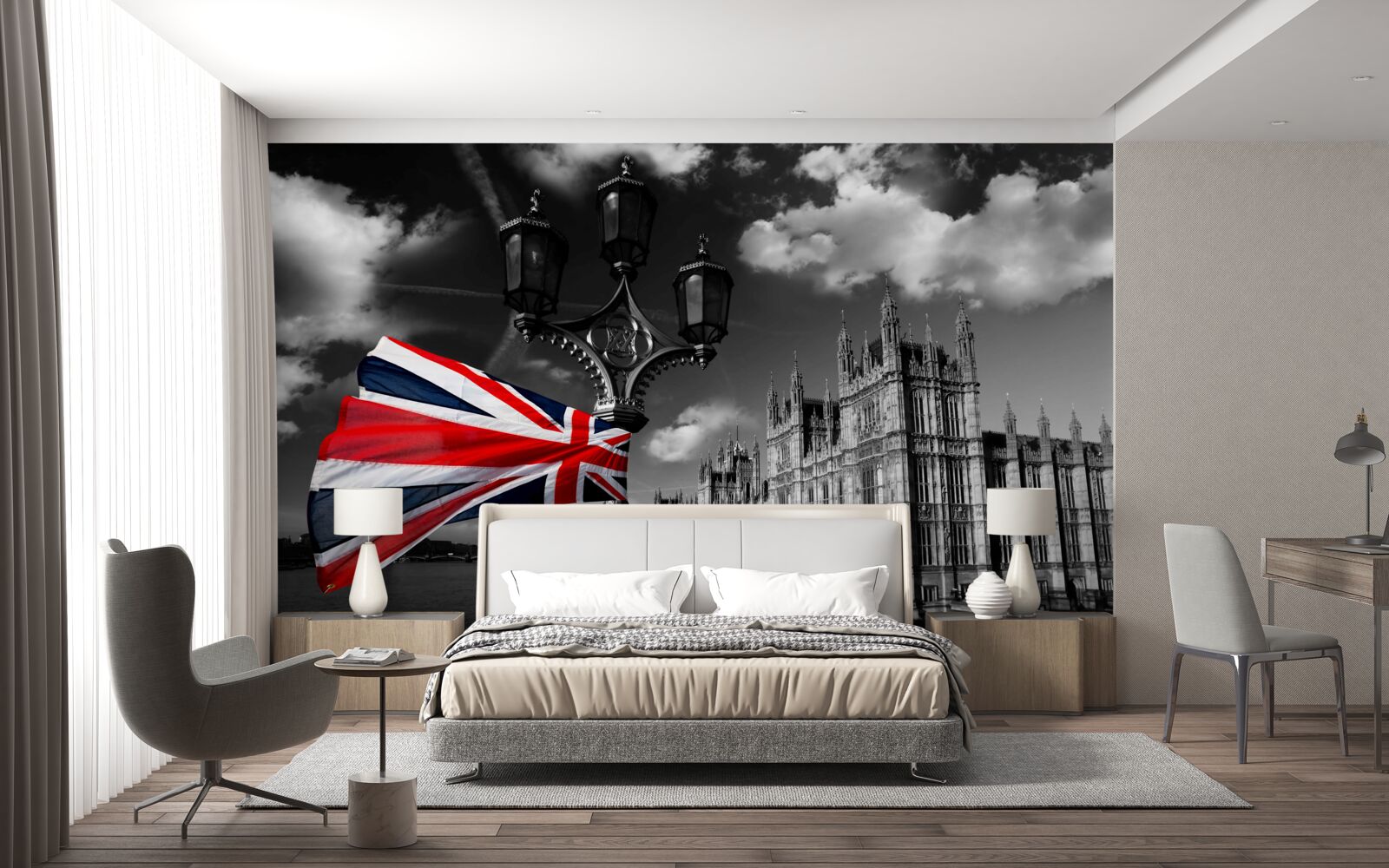 Фотошпалери силует міста на тлі англійського прапора