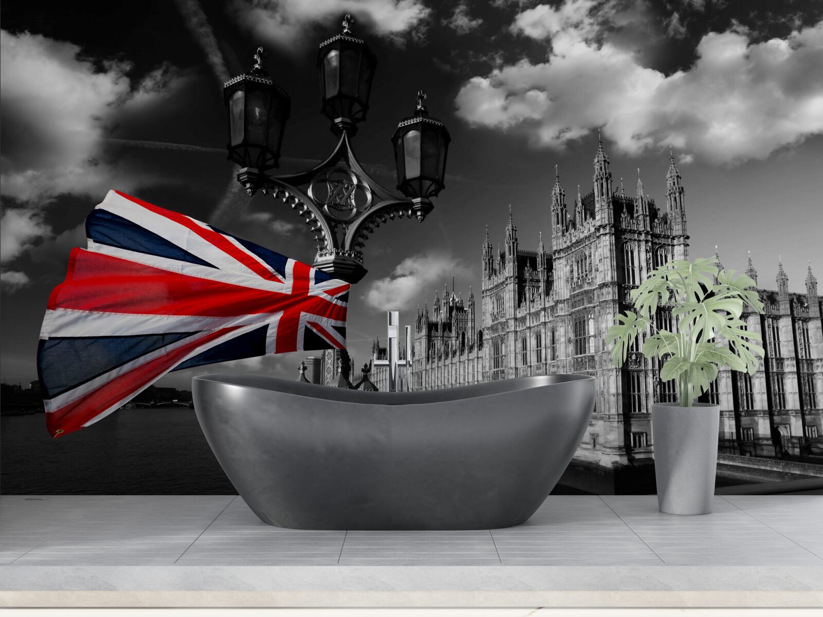 Фотошпалери силует міста на тлі англійського прапора