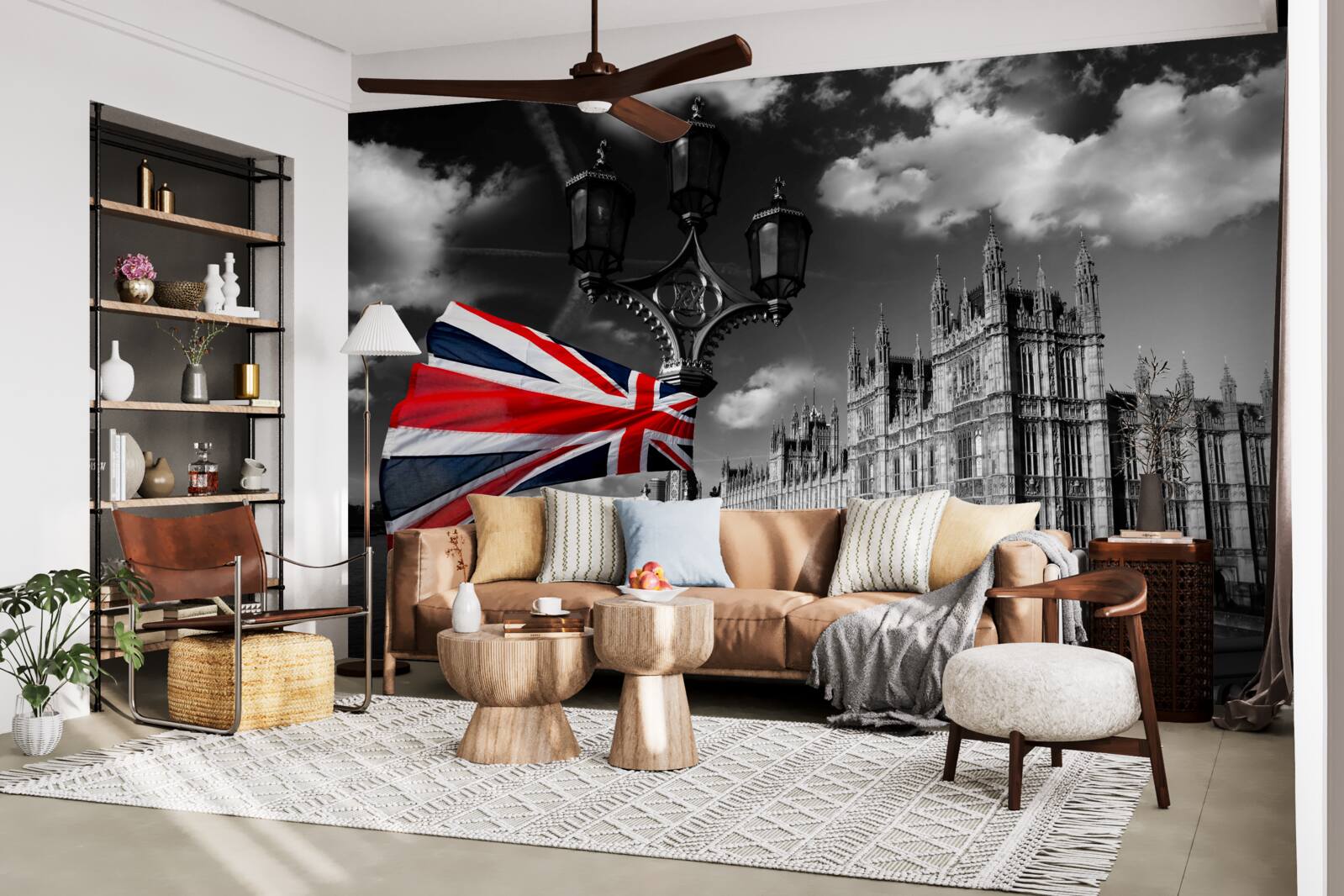 Фотошпалери силует міста на тлі англійського прапора