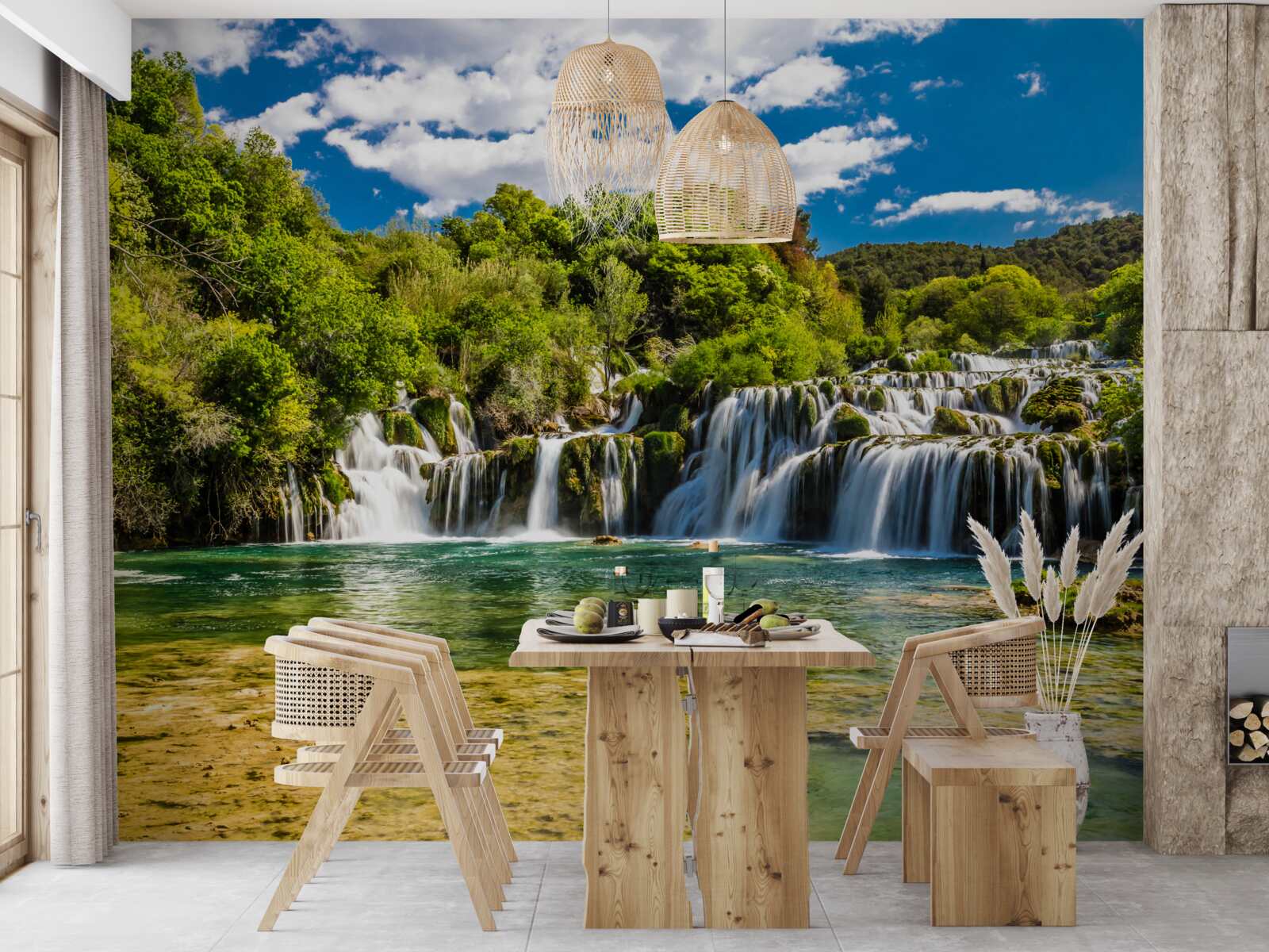 Фотошпалери величезний водоспад обрушується на тропічний острів