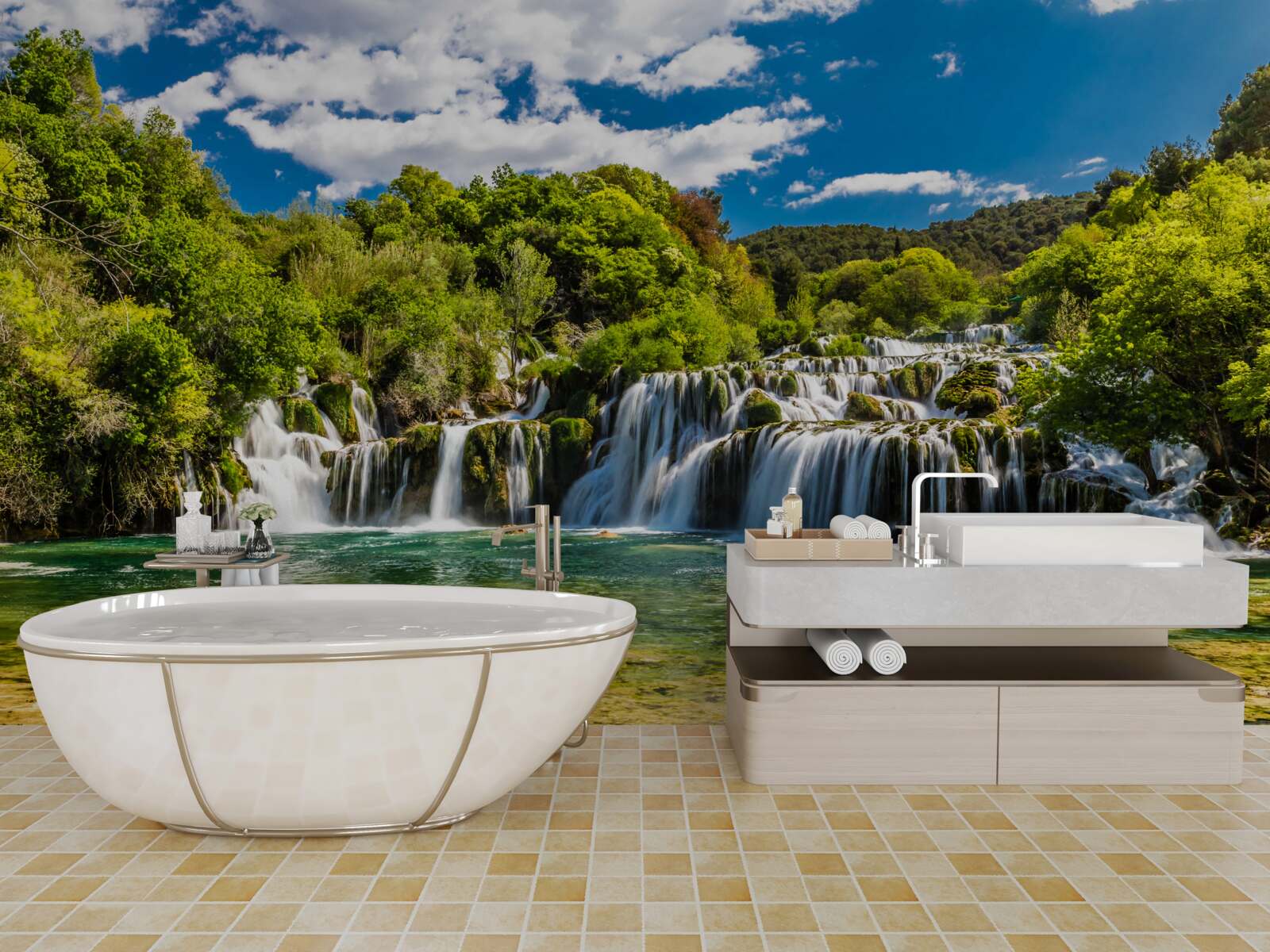 Фотошпалери величезний водоспад обрушується на тропічний острів