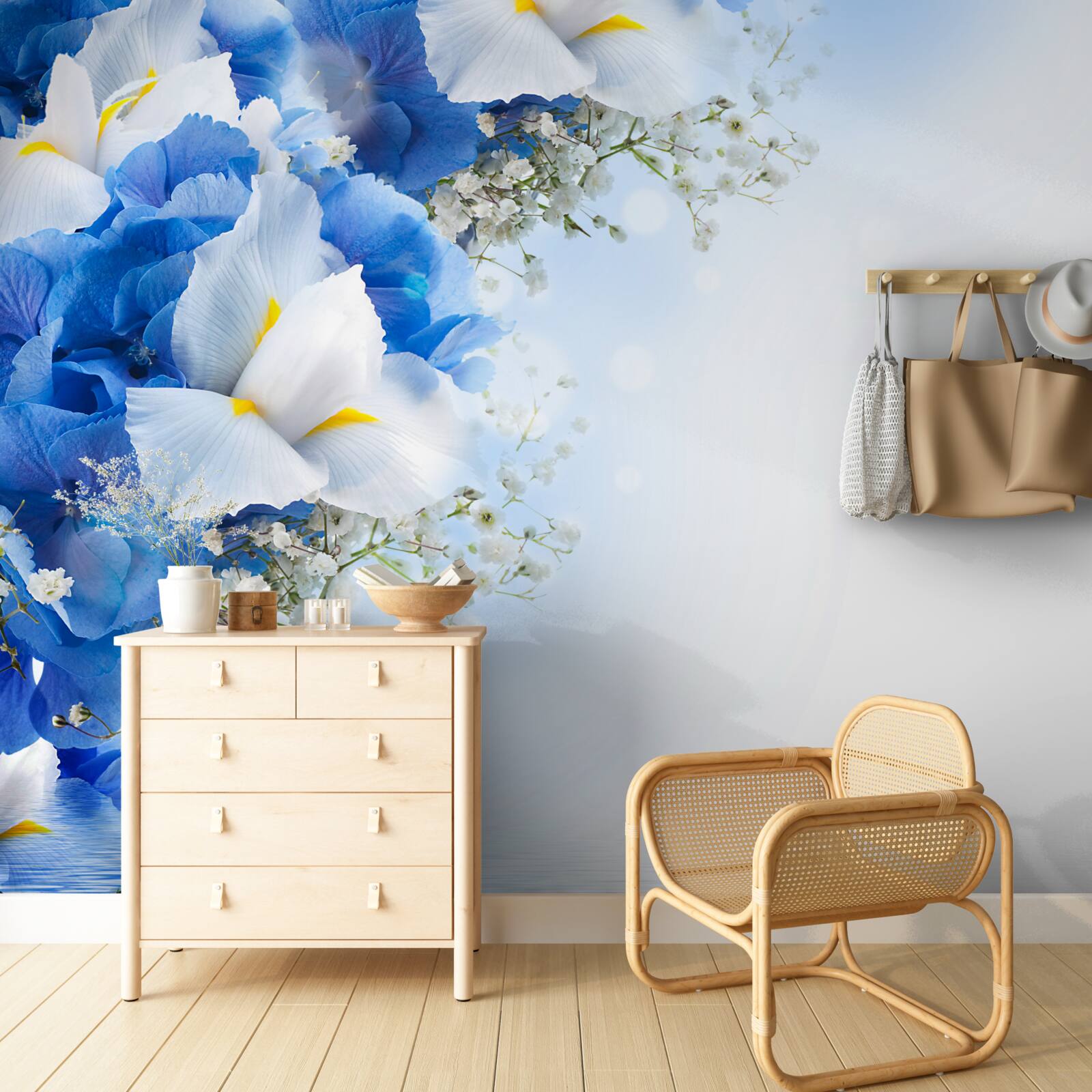 Фотошпалери синя фарба та білі бутони біля ставка