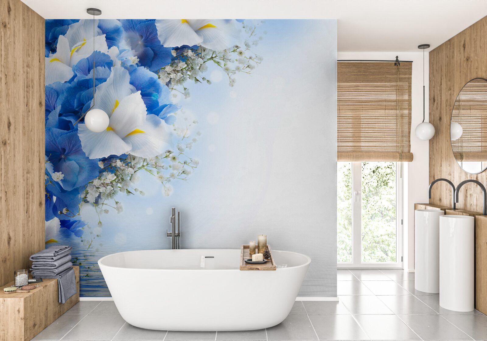 Фотошпалери синя фарба та білі бутони біля ставка