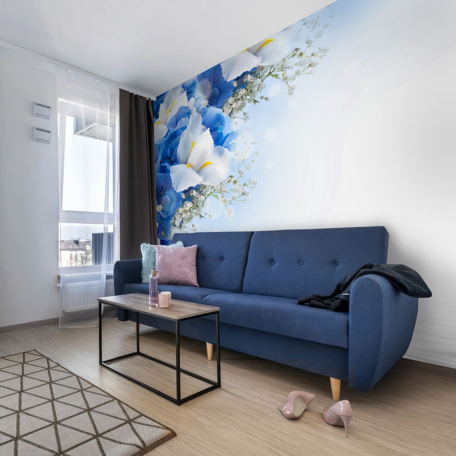 Фотошпалери синя фарба та білі бутони біля ставка