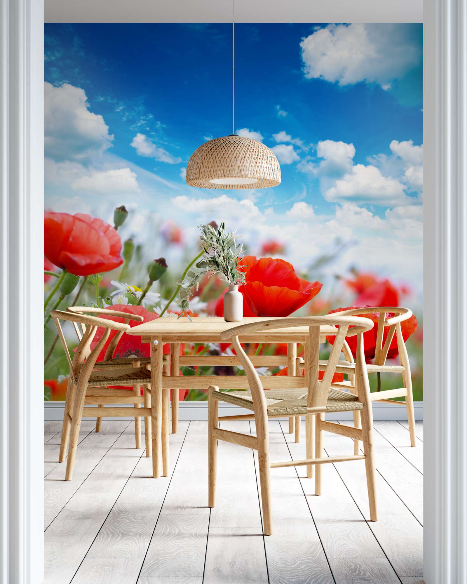 Фотошпалери луг, всіяний червоними маками та білими ромашками