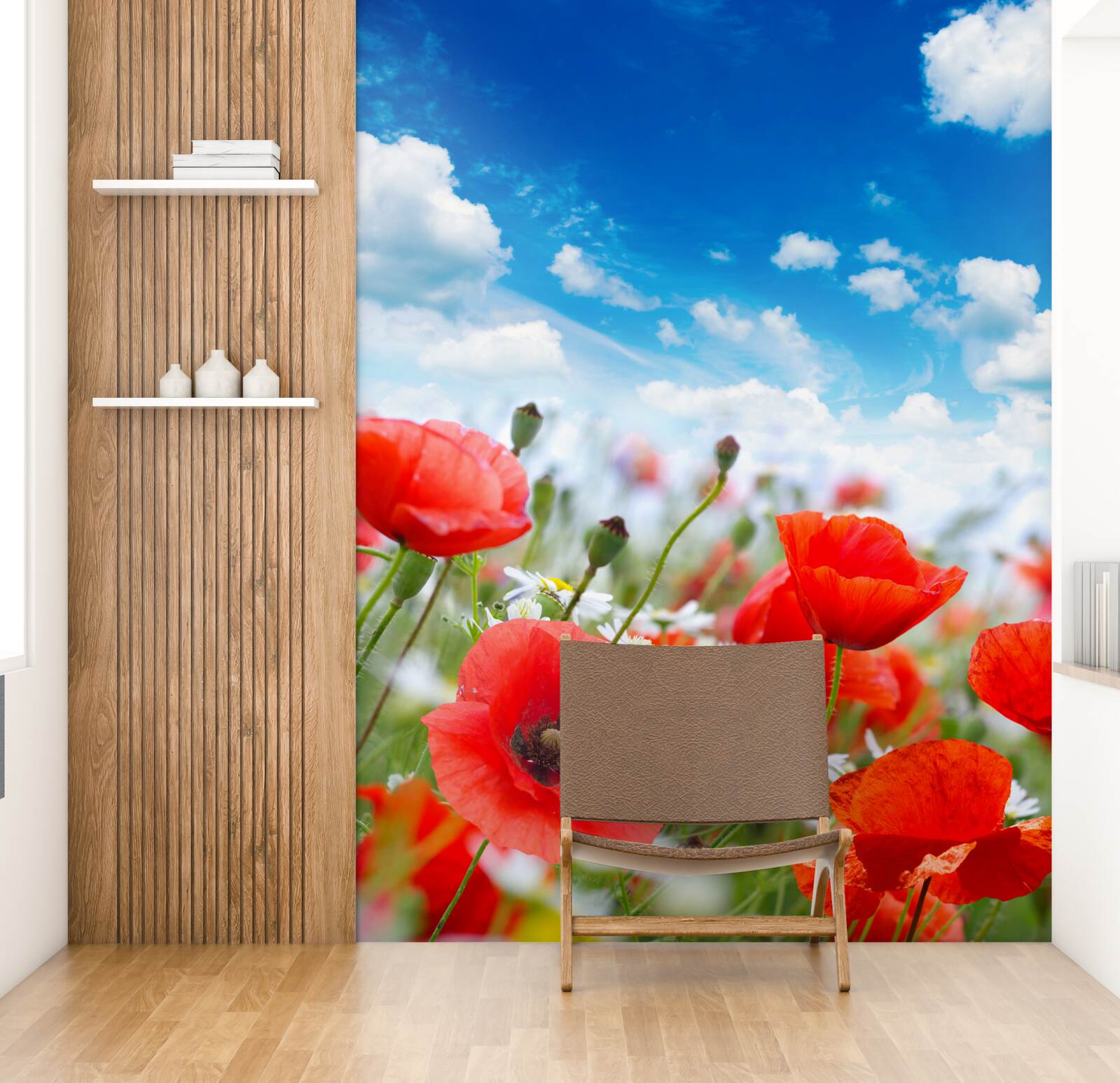 Фотошпалери луг, всіяний червоними маками та білими ромашками