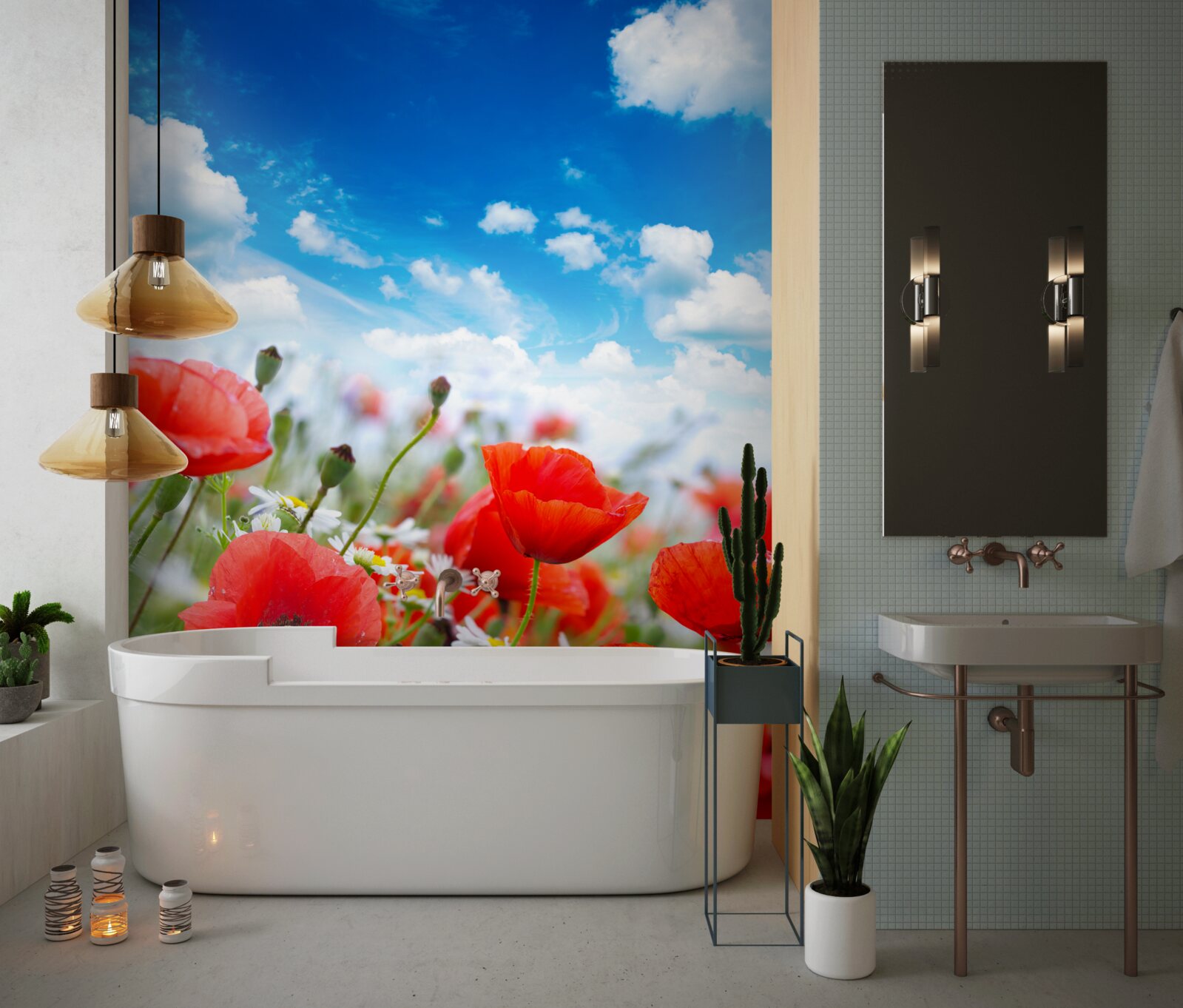 Фотошпалери луг, всіяний червоними маками та білими ромашками