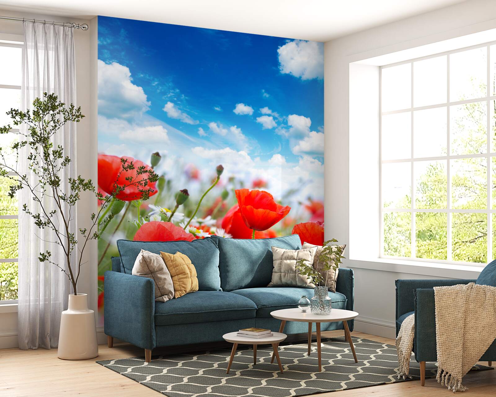 Фотошпалери луг, всіяний червоними маками та білими ромашками