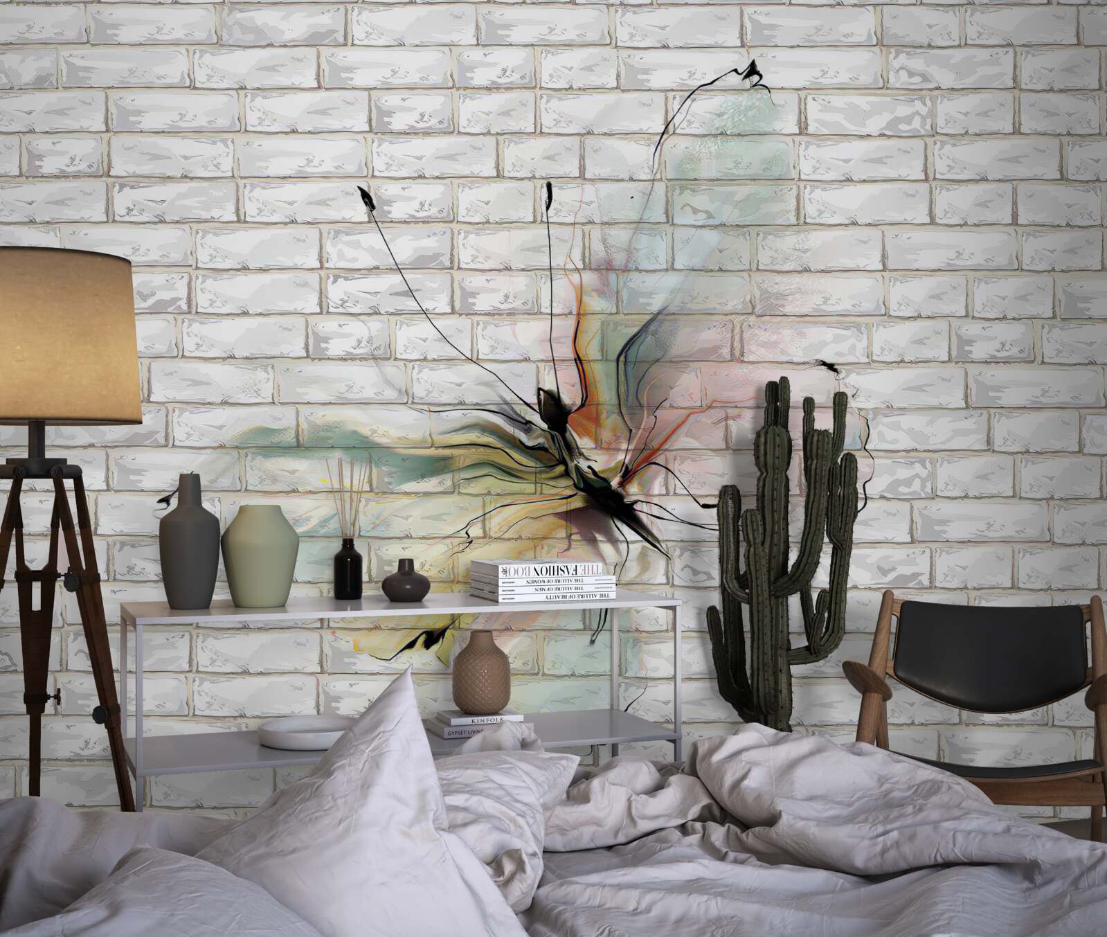 Фотошпалери метелик в абстрактному стилі на білій стіні