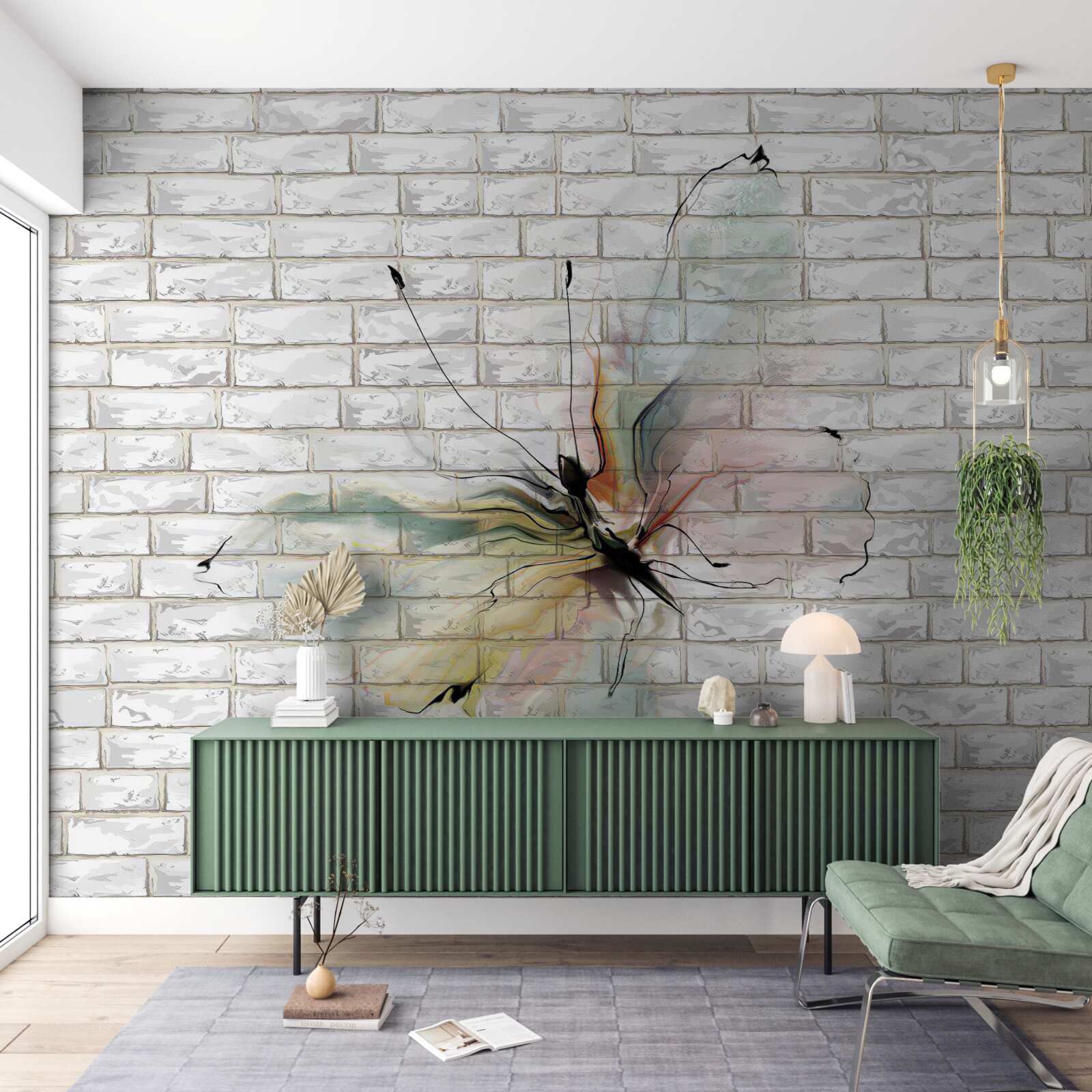 Фотошпалери метелик в абстрактному стилі на білій стіні