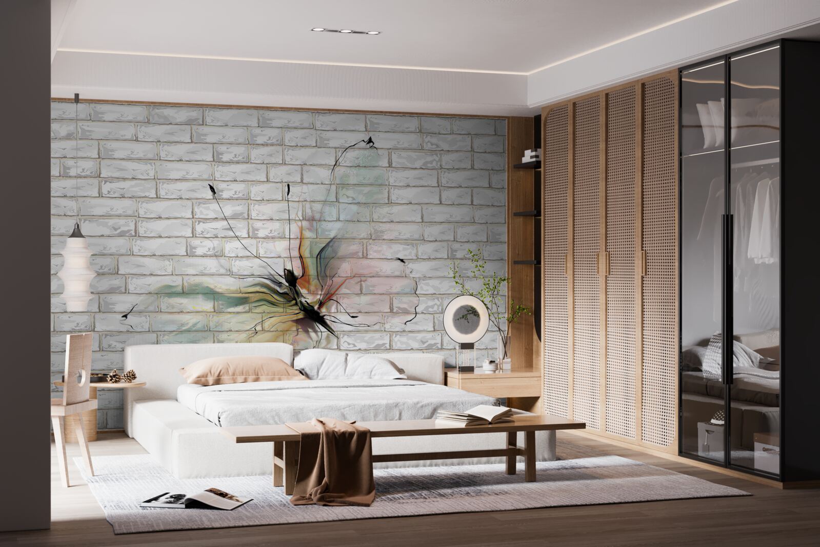 Фотошпалери метелик в абстрактному стилі на білій стіні