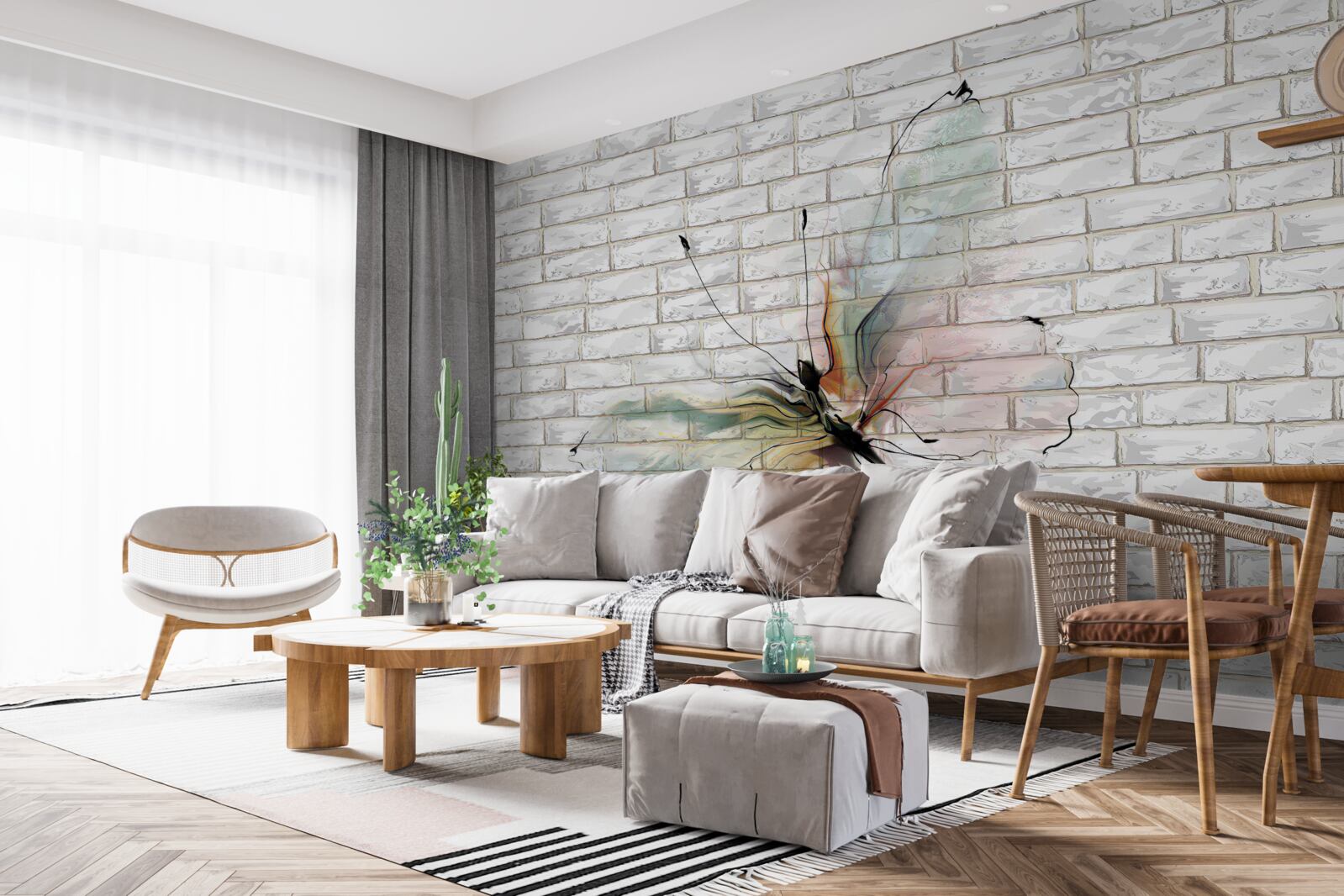 Фотошпалери метелик в абстрактному стилі на білій стіні