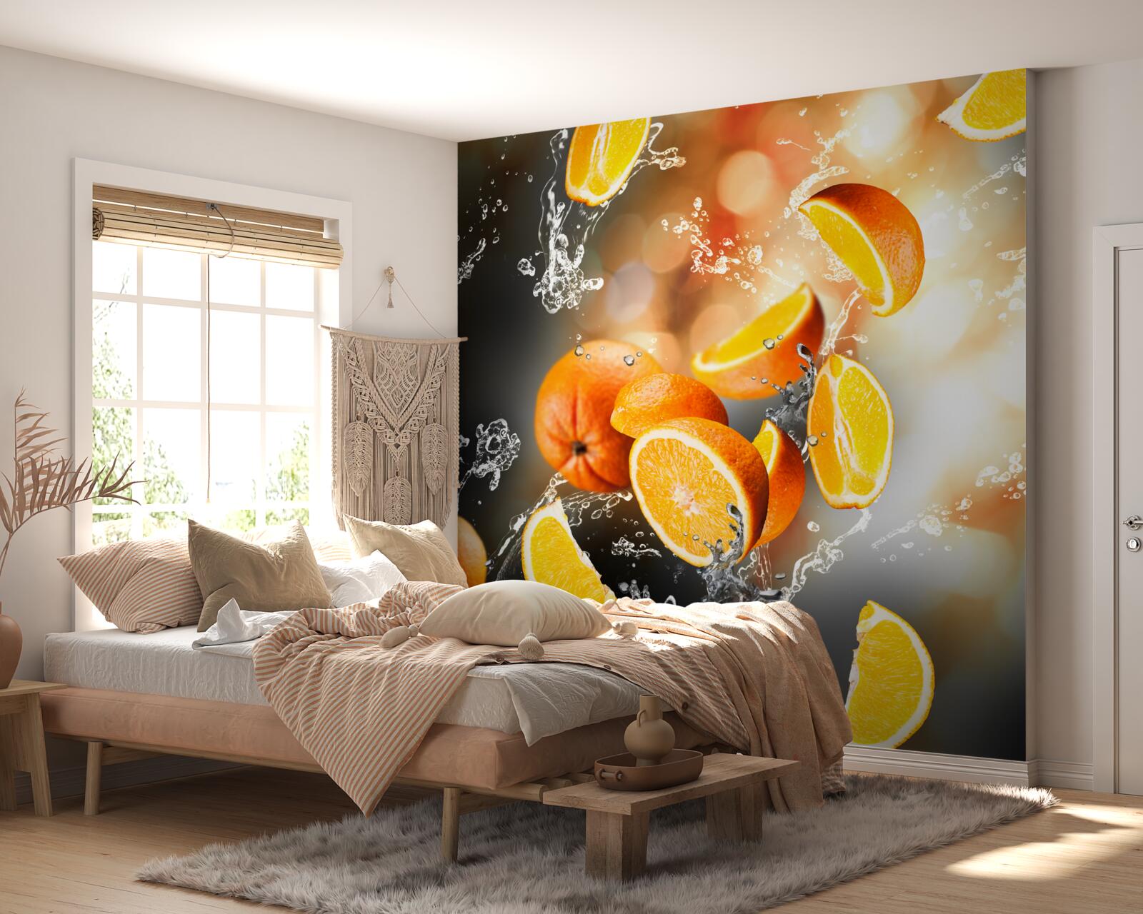 Фотошпалери часточки апельсина з соковитою м'якоттю