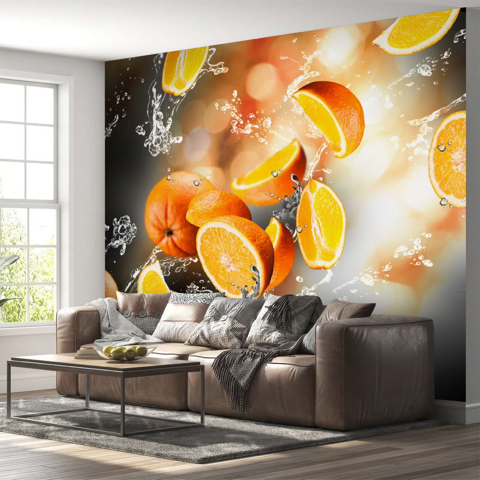 Фотошпалери часточки апельсина з соковитою м'якоттю