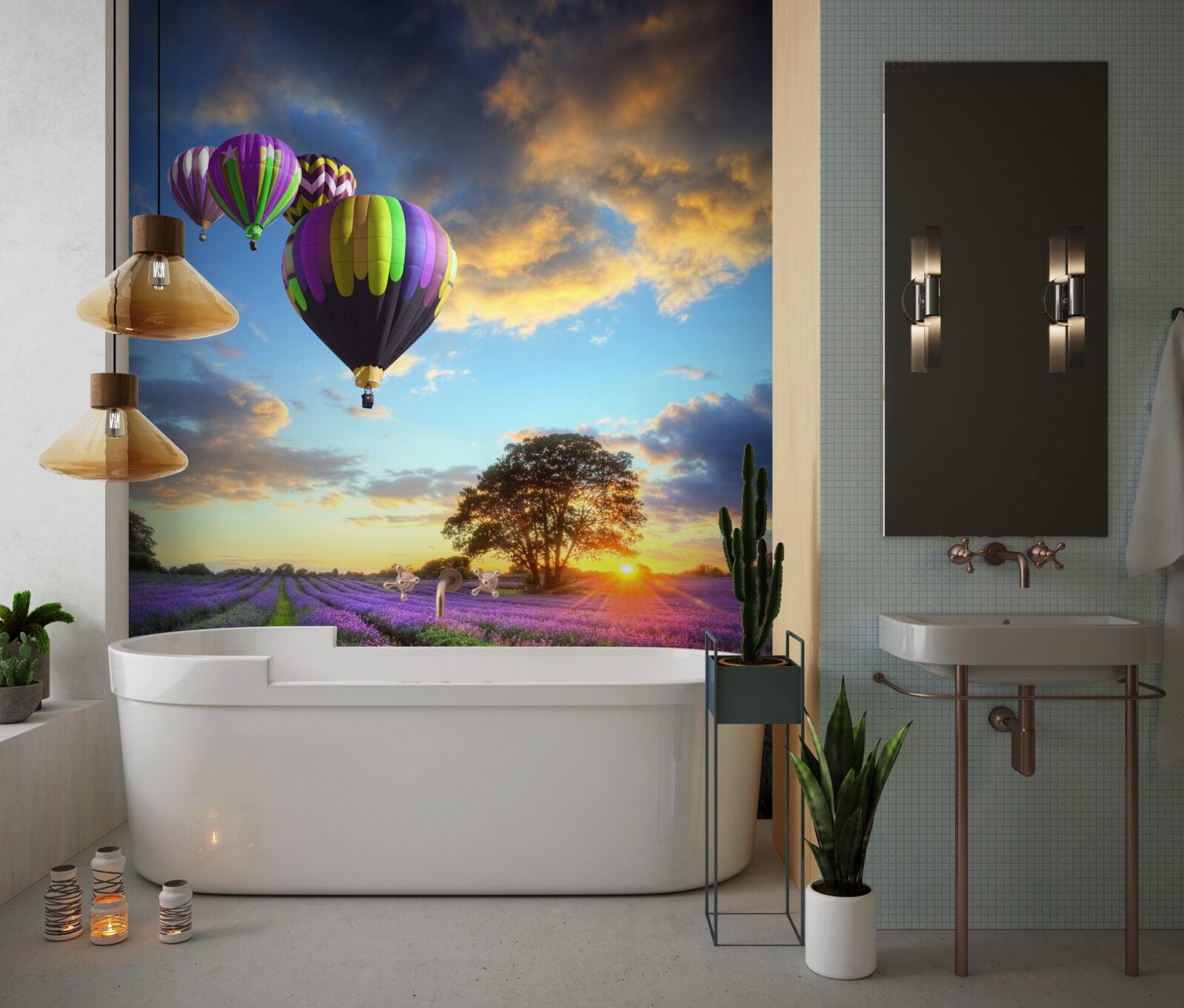 Фотошпалери яскрава повітряна куля, що ширяє над полем лаванди