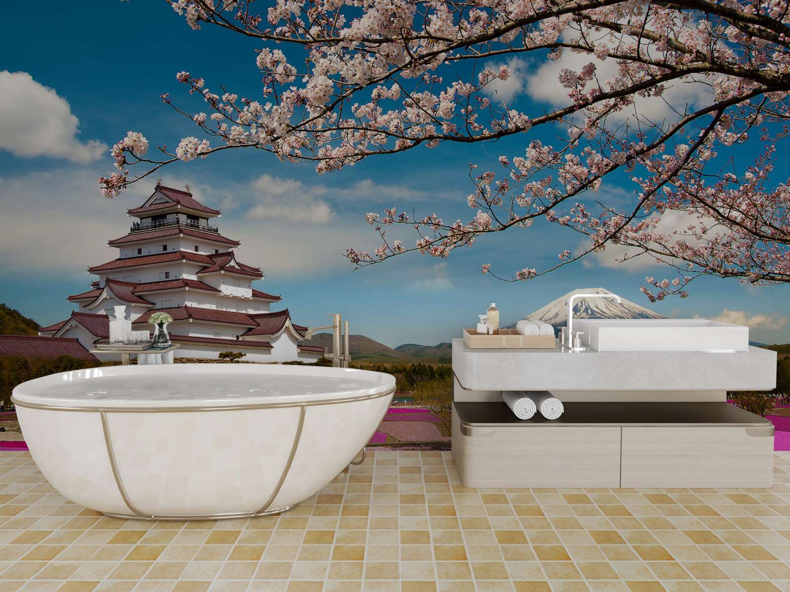 Фотошпалери біля японського будиночка розкинулися пишні сади тюльпанів