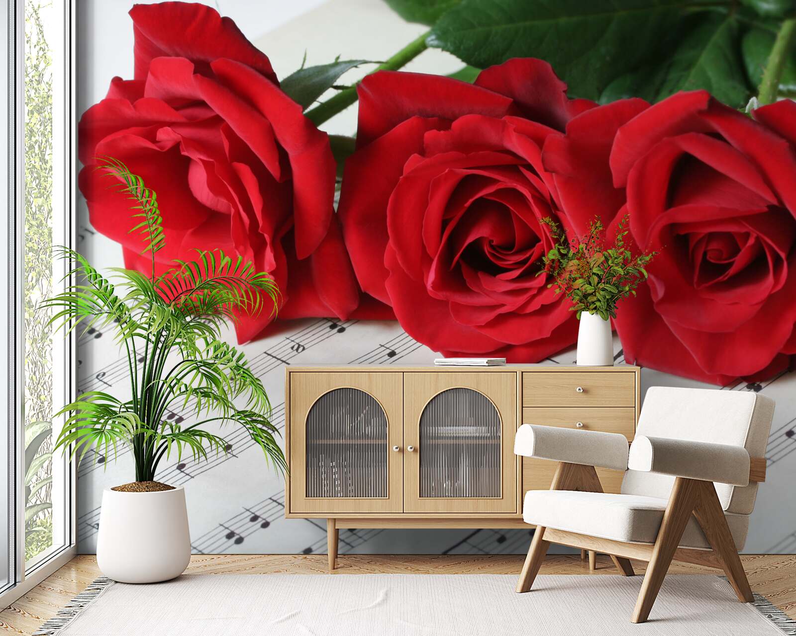 Фотошпалери три червоні троянди на сторінках з нотатками