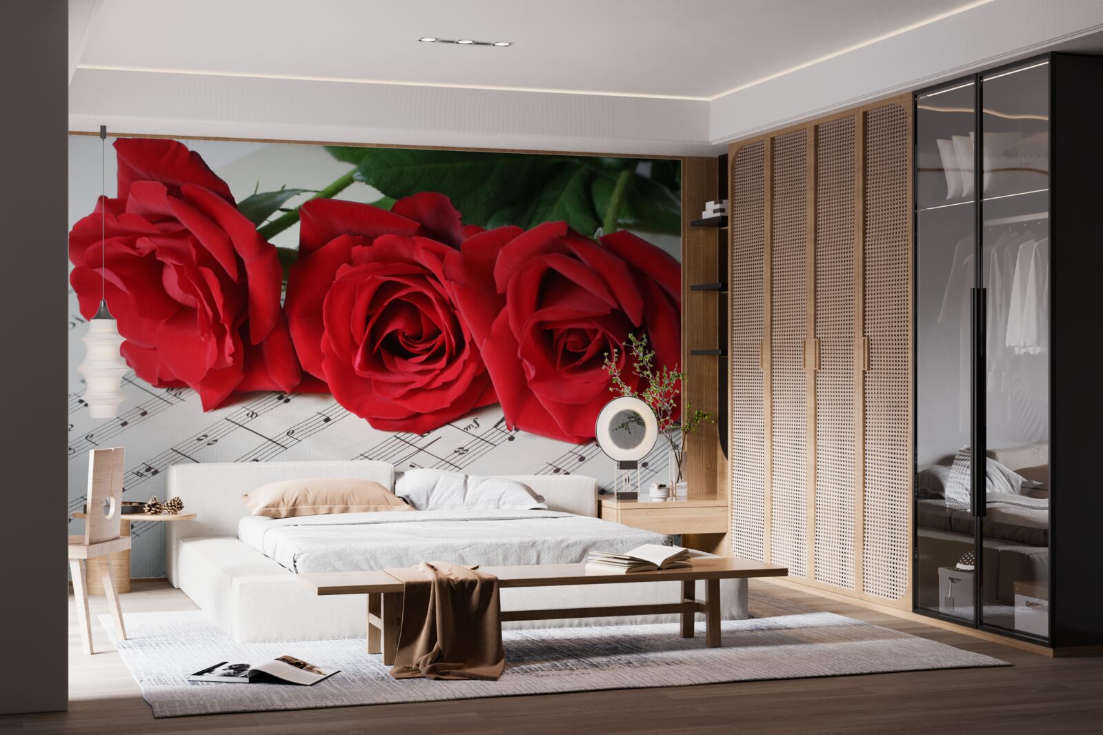 Фотошпалери три червоні троянди на сторінках з нотатками