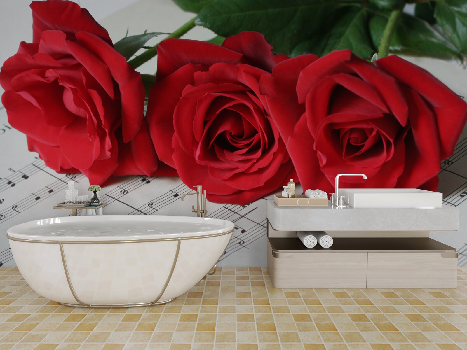 Фотошпалери три червоні троянди на сторінках з нотатками