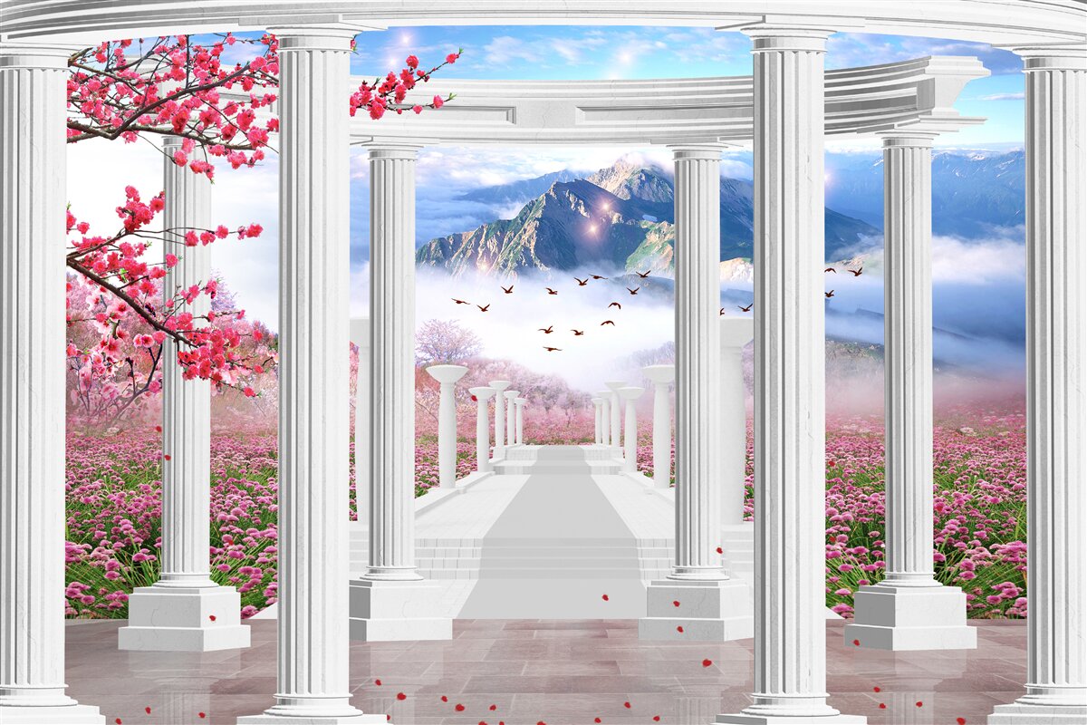 Фотошпалери квітучий сад і білосніжна альтанка